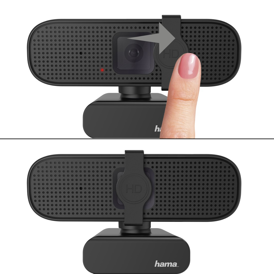 Kamera internetowa, czarna, z palcem obsługującym osłonę prywatności. Logo HD.