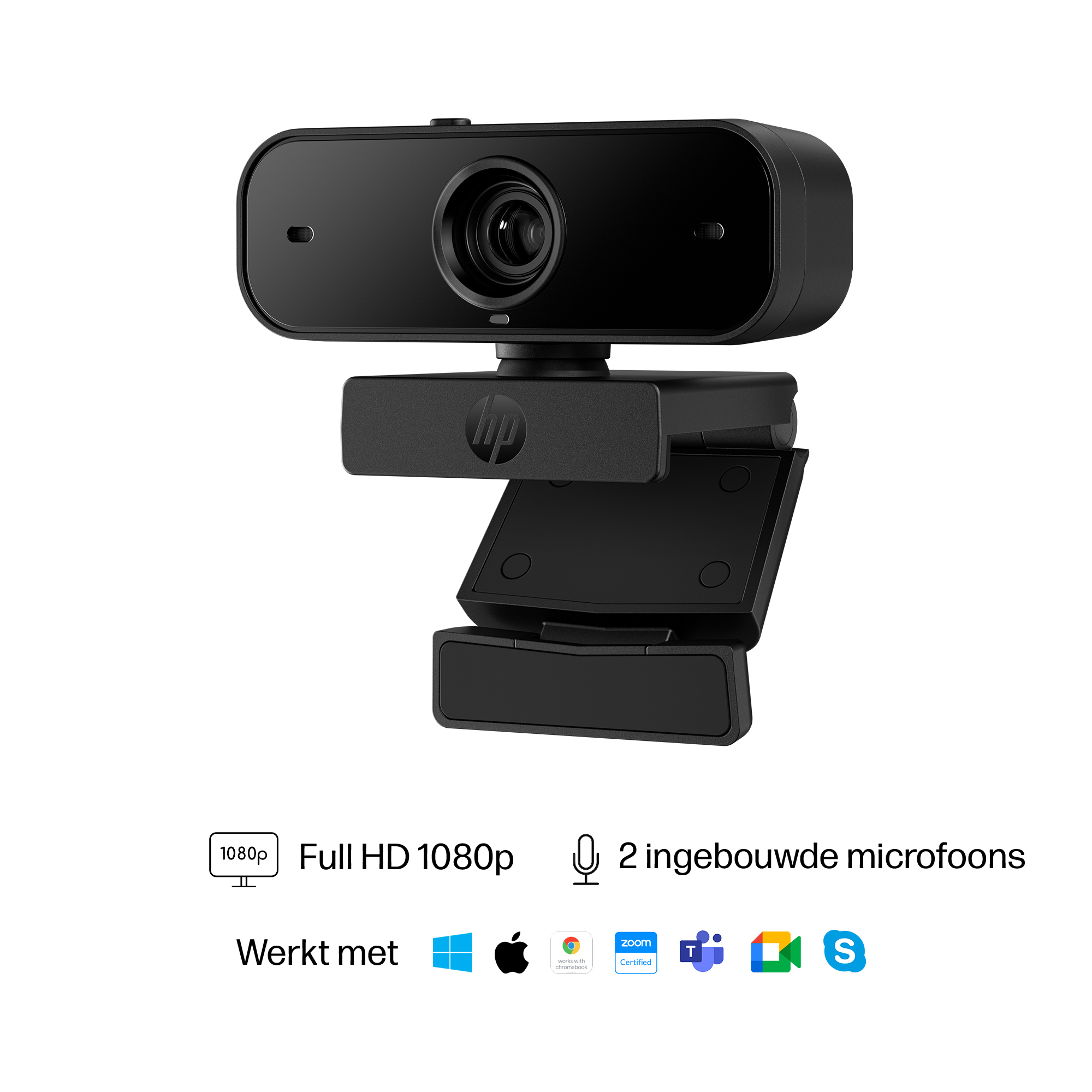 Schwarze Webcam mit Ständer, Objektiv und Logo. Text: Full HD 1080p, 2 eingebaute Mikrofone und Kompatibilitätssymbole.