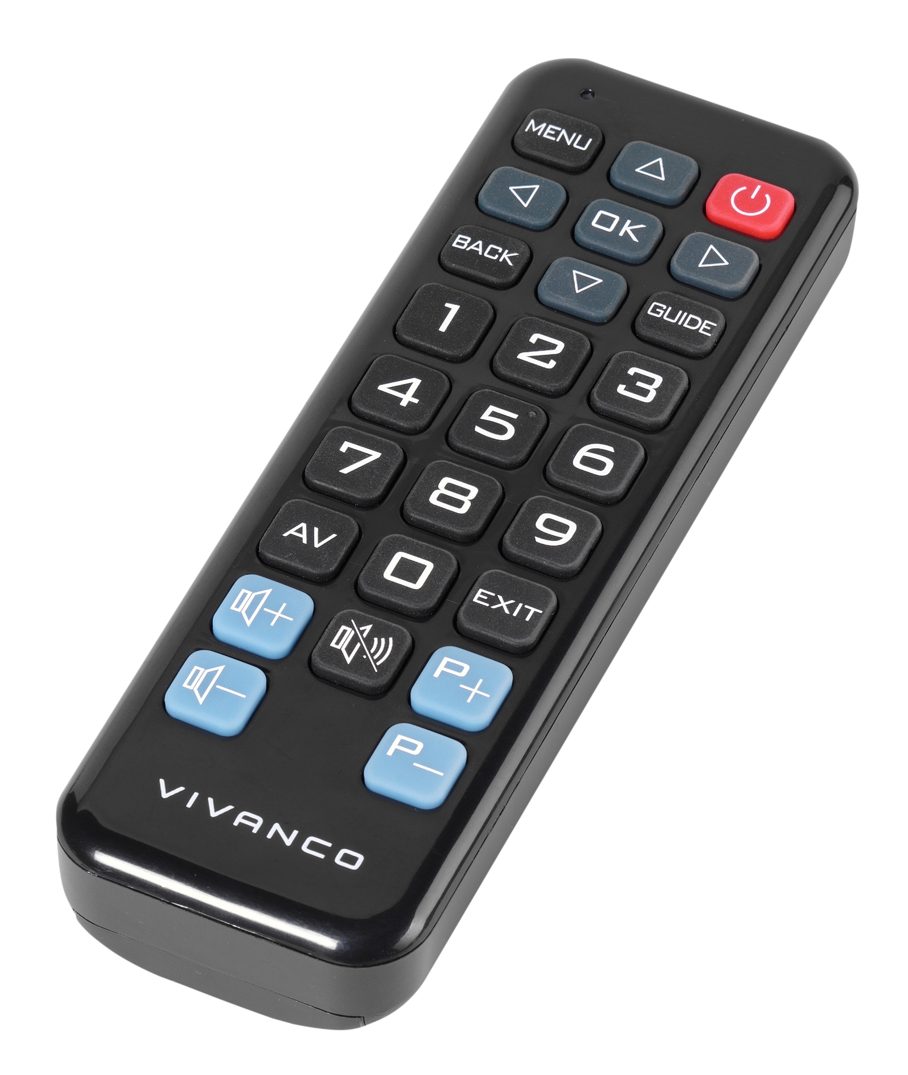 Czarny pilot VIVANCO z wieloma przyciskami do funkcji telewizyjnych.