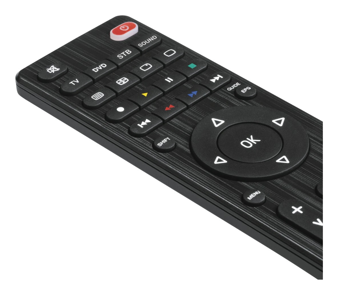 Czarny pilot z przyciskami. Czerwony przycisk zasilania znajduje się na górze.