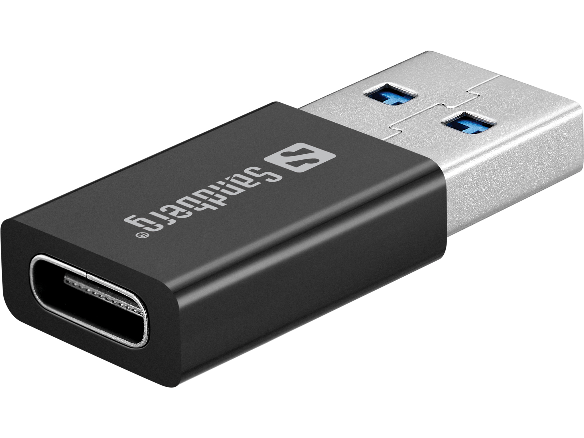 Czarny adapter USB-A na USB-C. Logo Sandberg. Białe tło.