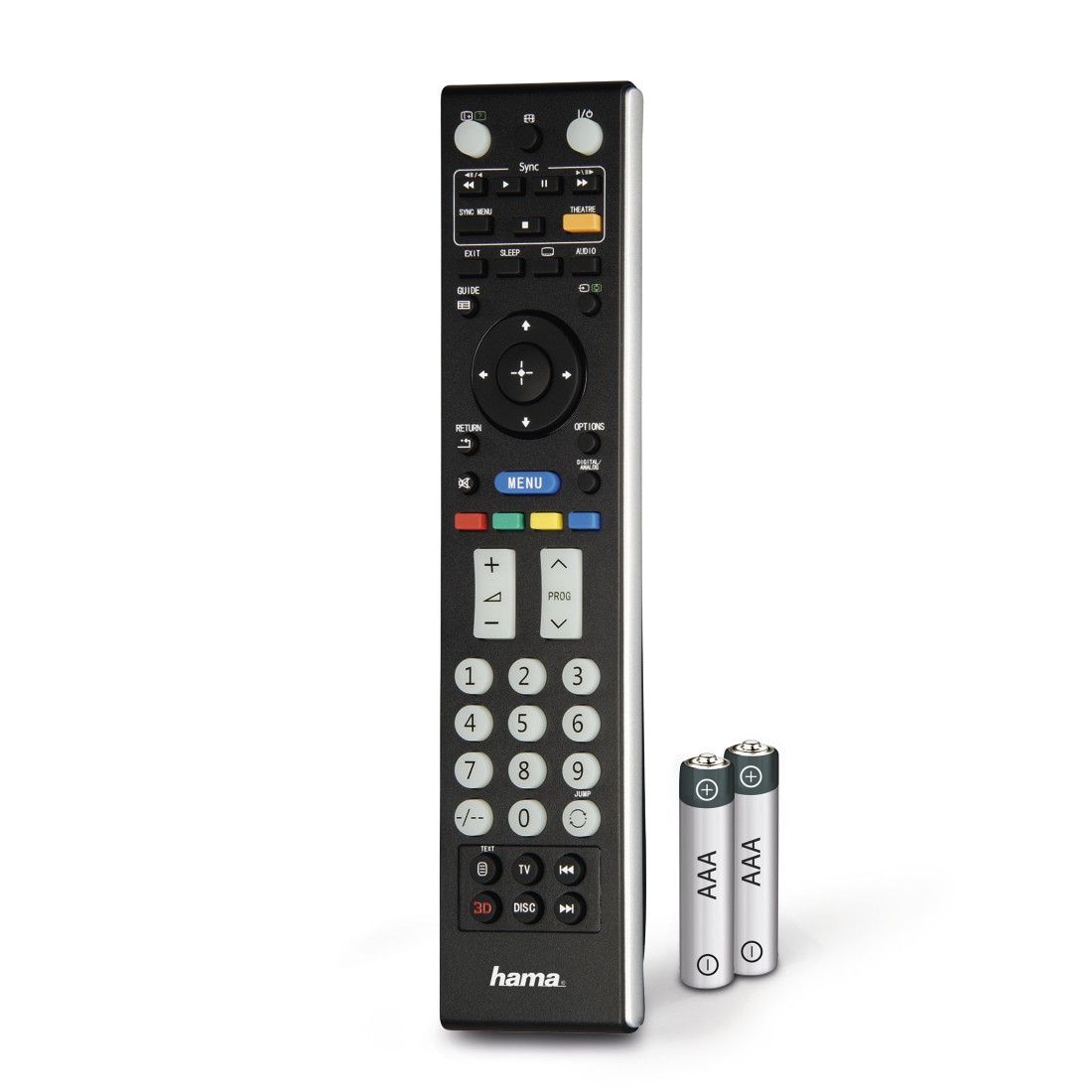 Eine schwarze TV-Fernbedienung mit Tasten und zwei AAA-Batterien daneben.