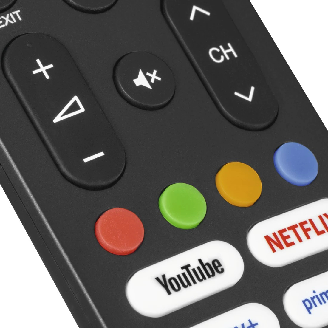 Nahaufnahme einer schwarzen Fernbedienung mit Tasten wie YouTube, Netflix und Lautstärke.