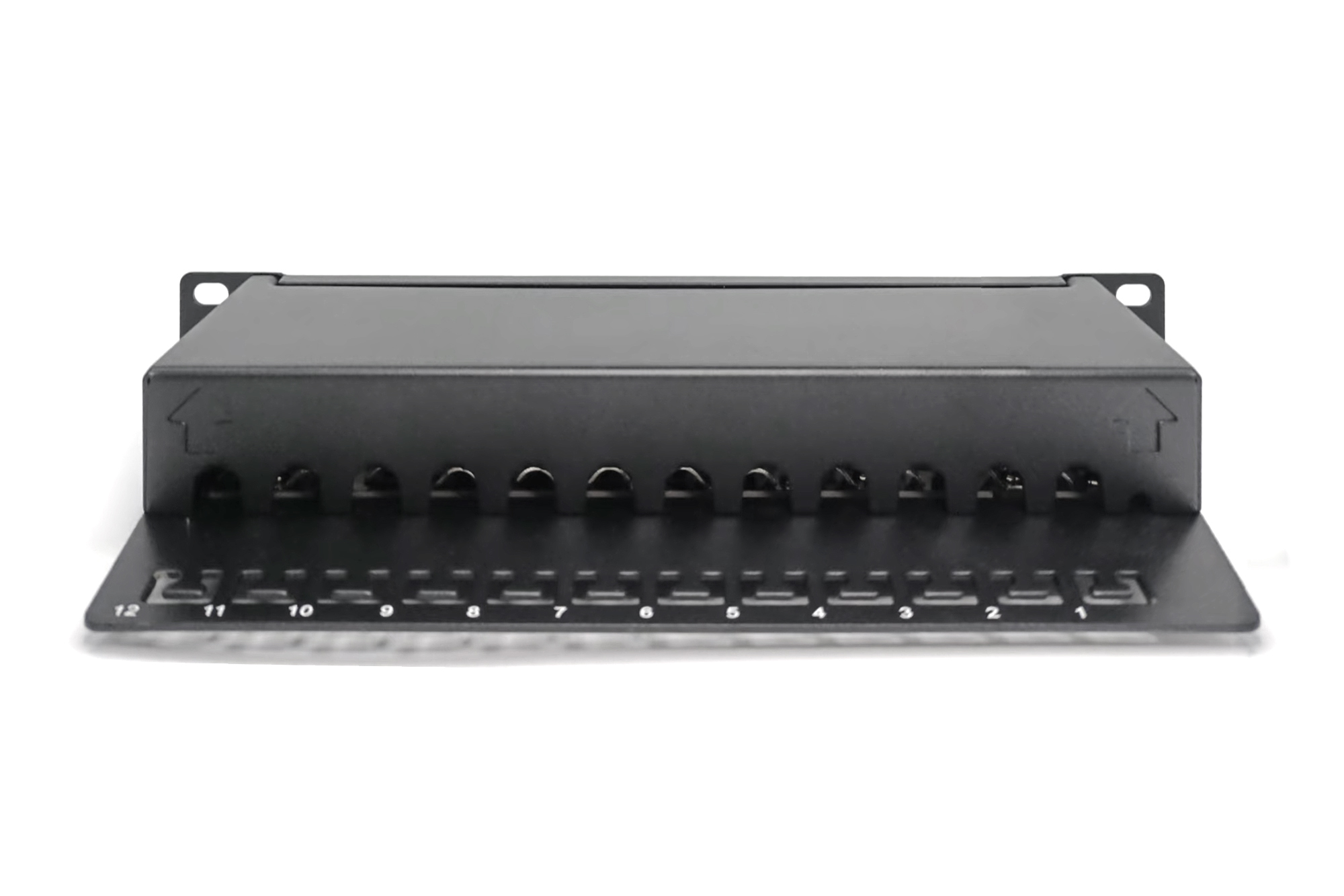 Ein schwarzes Netzwerk-Patchpanel mit 12 Anschlüssen, geöffnet. Vor weißem Hintergrund.