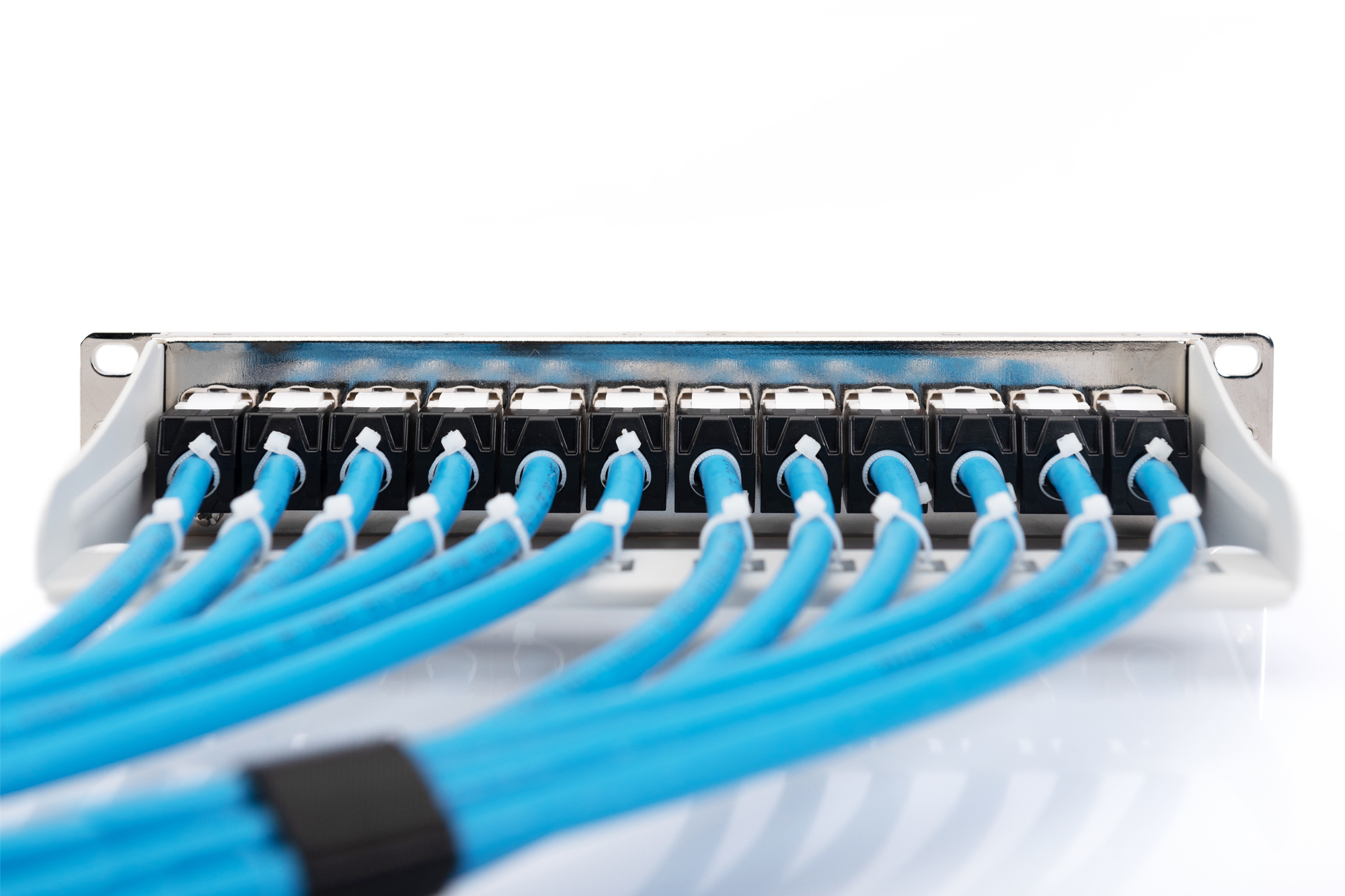 Ein Netzwerk-Panel mit blauen Netzwerkkabeln. Die Kabel sind ordentlich angeordnet und verbunden.