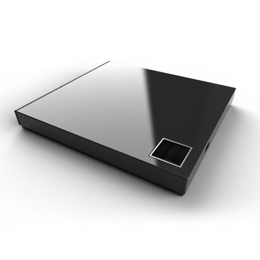 Unidad DVD externa negra brillante con diseño cuadrado, sobre fondo blanco.