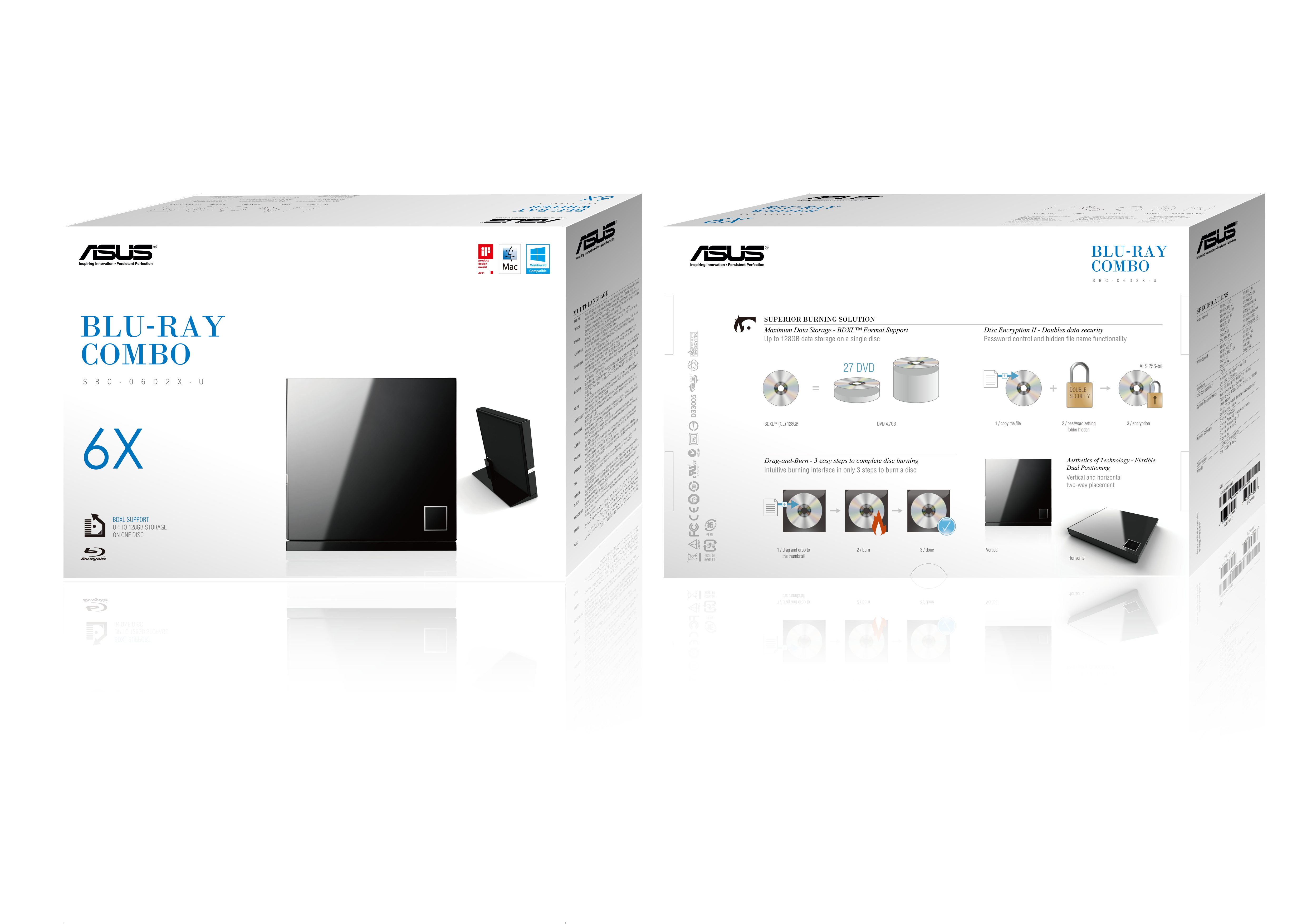 Embalaje de caja blanca de un combo ASUS Blu-Ray, con imágenes y texto, sobre fondo blanco.