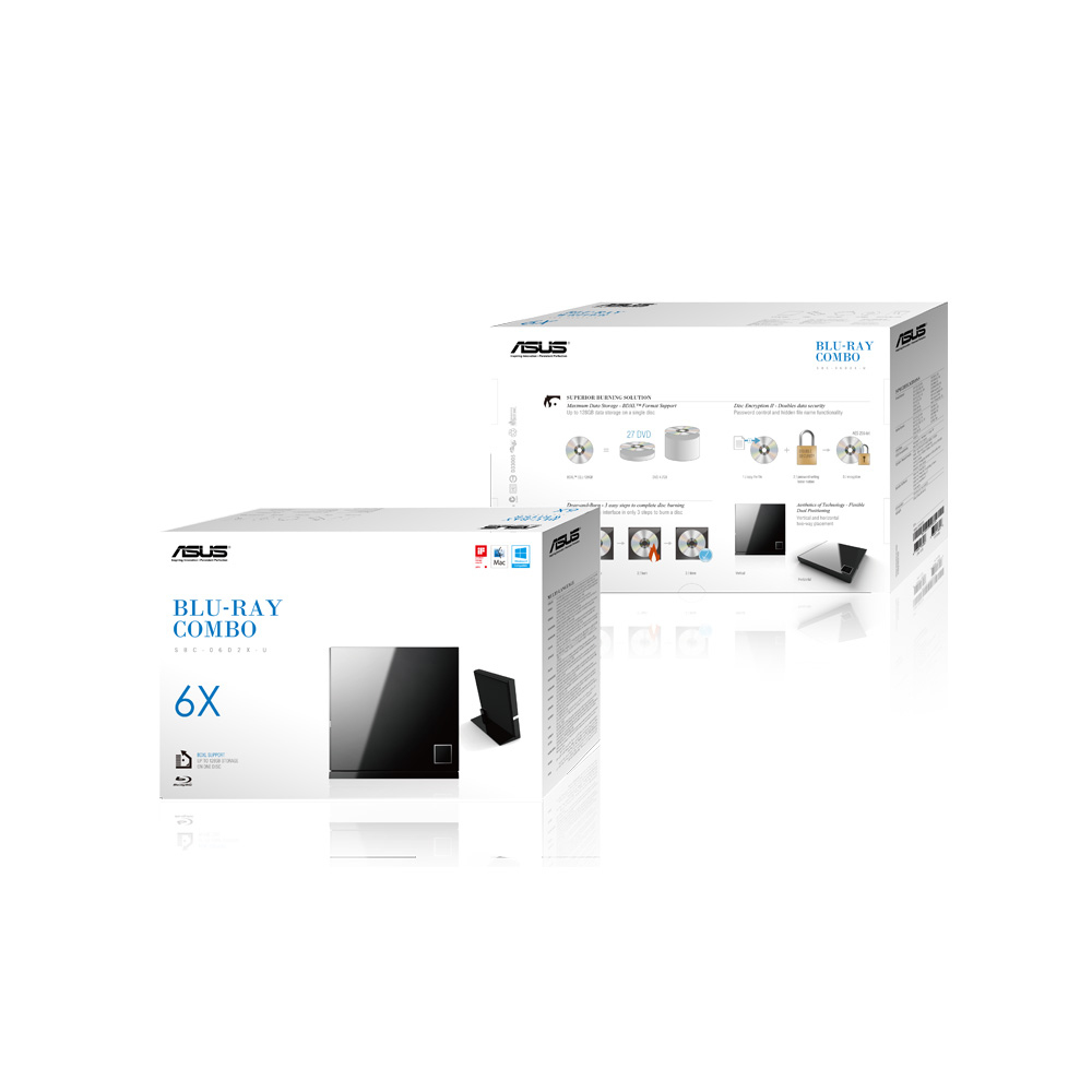 Embalaje de caja blanca de un combo ASUS Blu-Ray, con imágenes y texto, sobre fondo blanco.