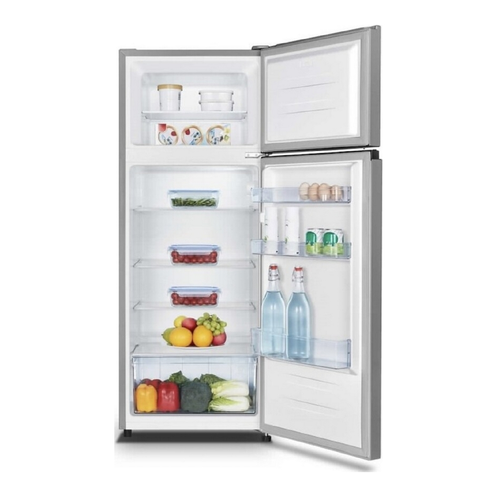 Lodówka jest otwarta, pokazując półki z jedzeniem i pojemnikami. Drzwi są otwarte, odsłaniając wnętrze.