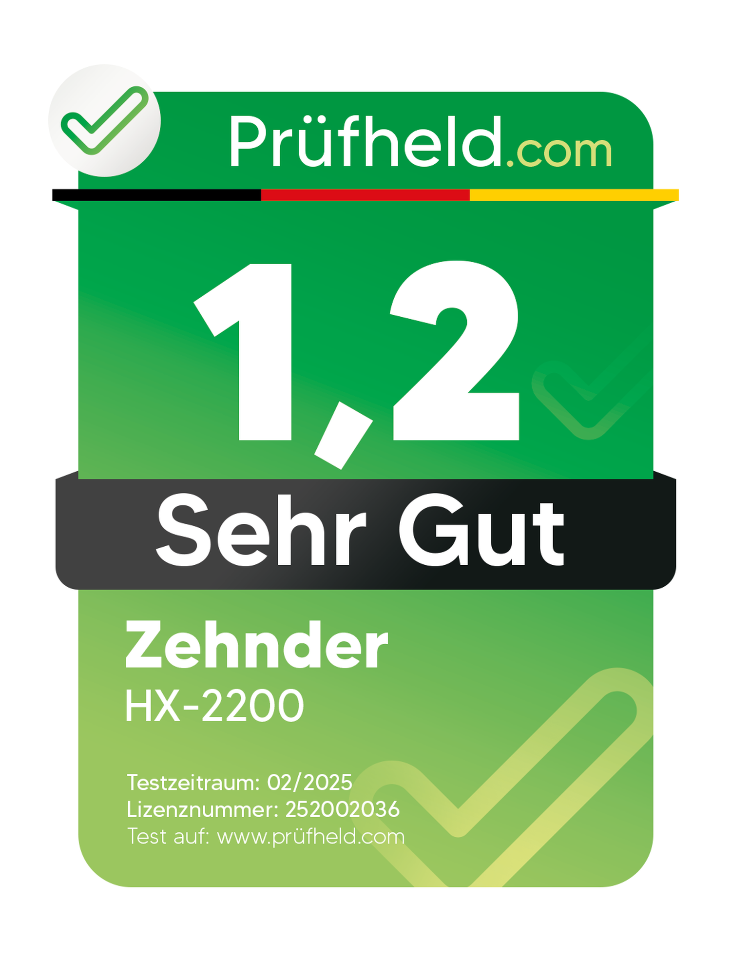 Grünes und weißes Etikett mit 'Sehr Gut' und anderen Details. Häkchen in der Ecke.
