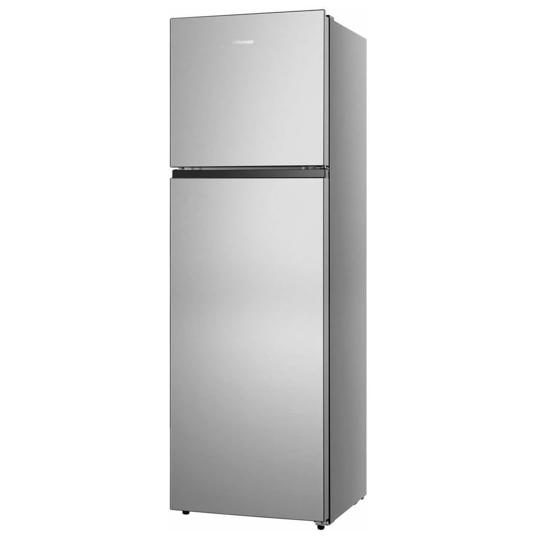 Srebrna lodówka Hisense. Konstrukcja dwudrzwiowa, górna zamrażarka.