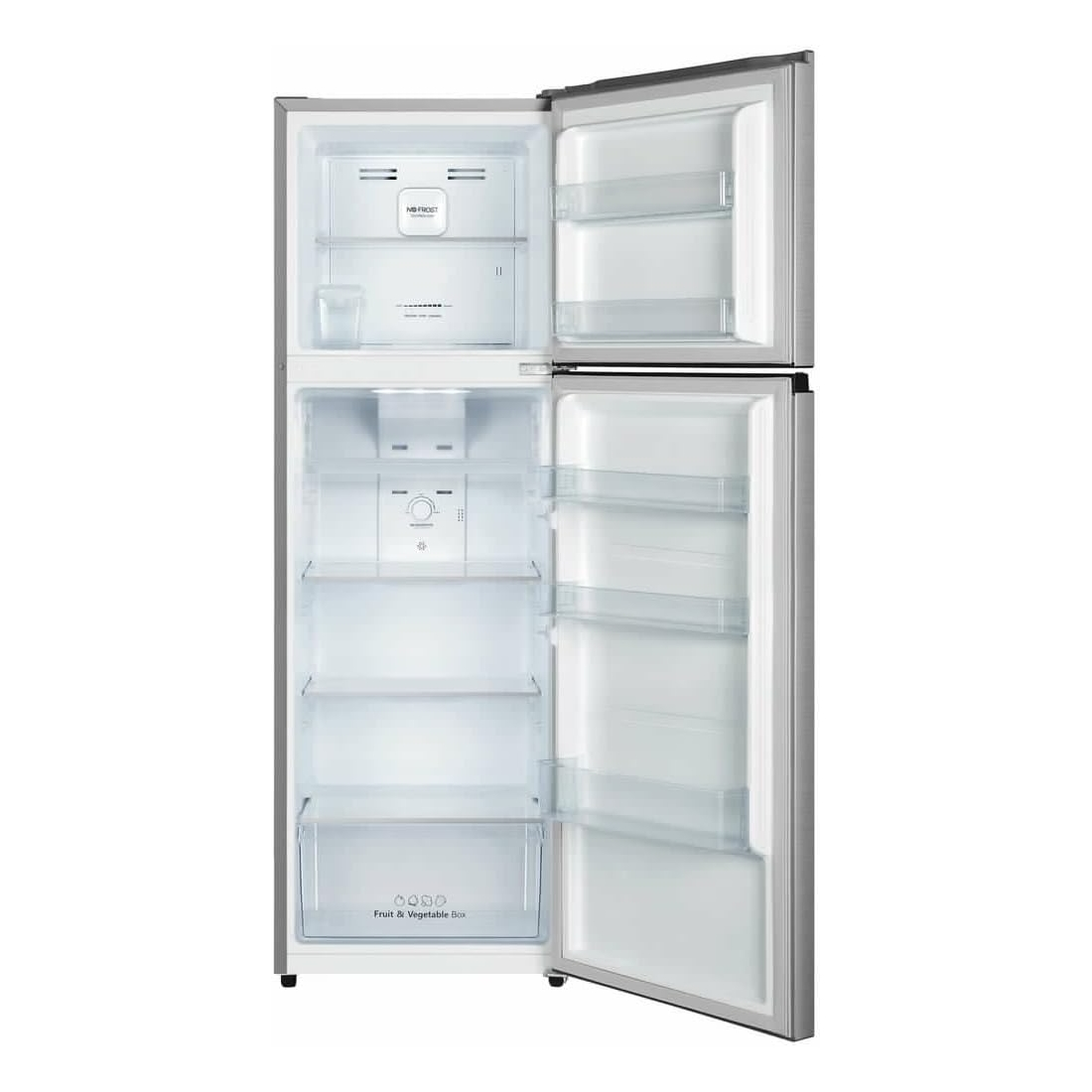 Srebrna lodówka z otwartymi drzwiami, pokazująca wnętrze.