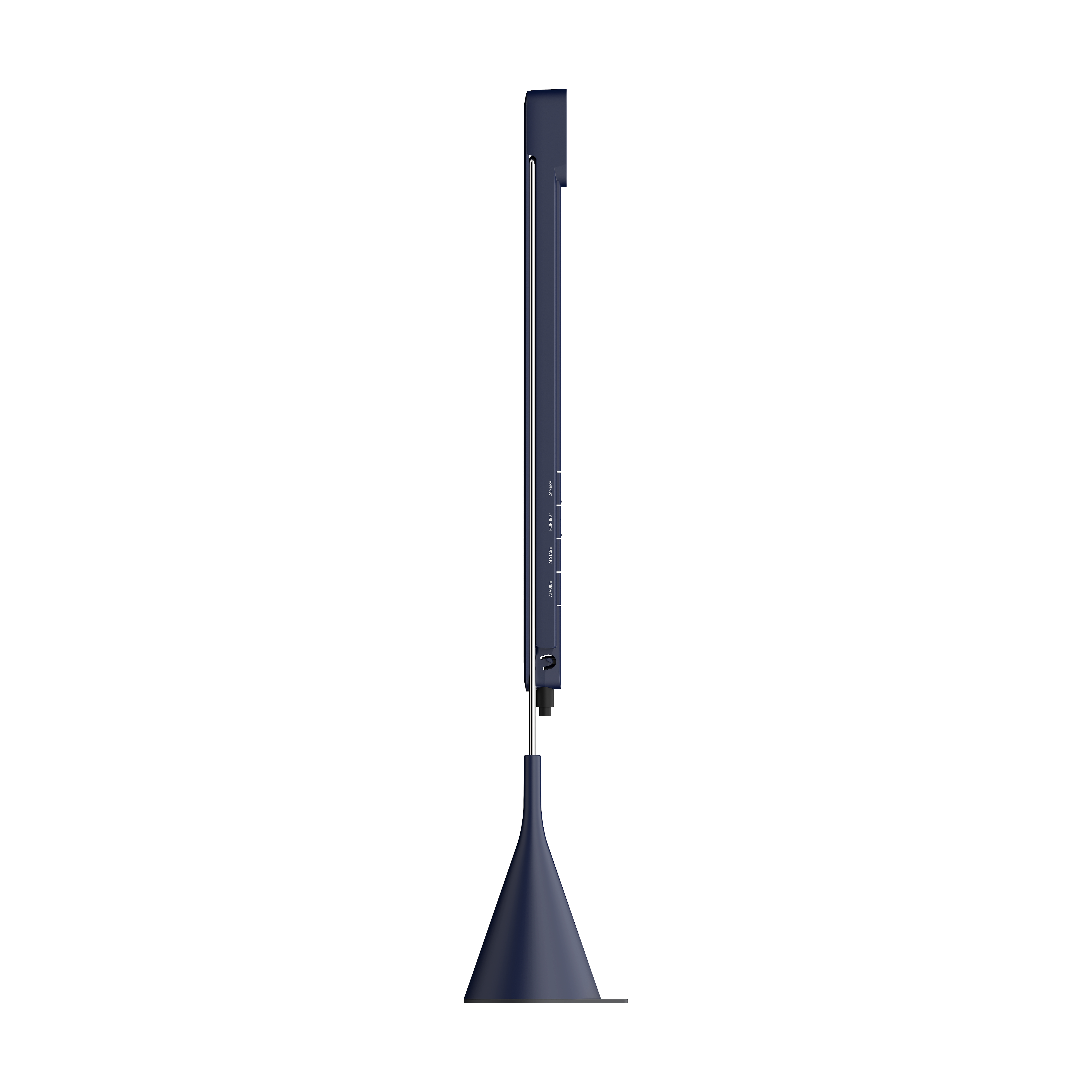 Un design bleu foncé et élégant d'une base de chargement, avec un élément suspendu en forme de cône.