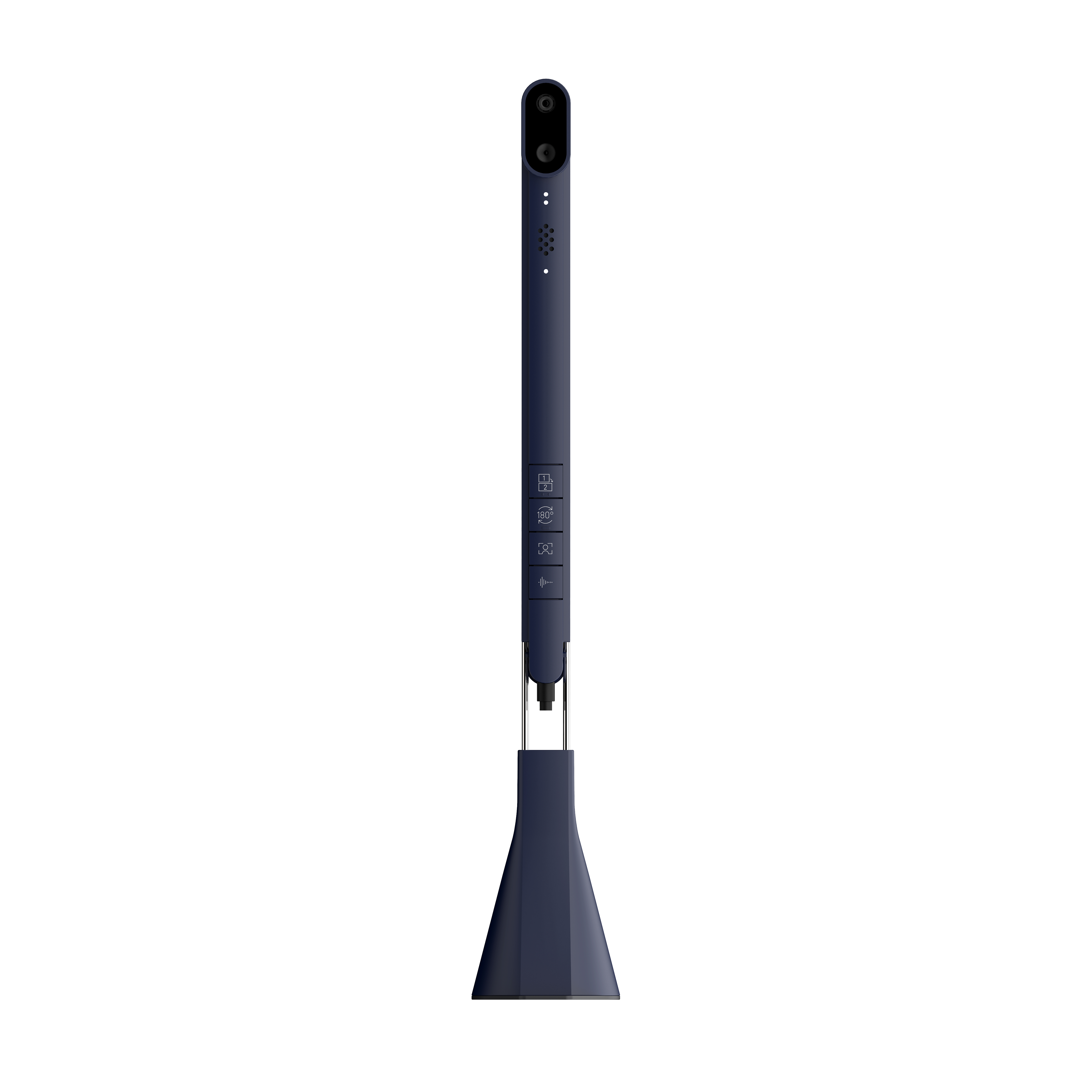 Une longue télécommande de présentation bleu foncé avec des boutons.