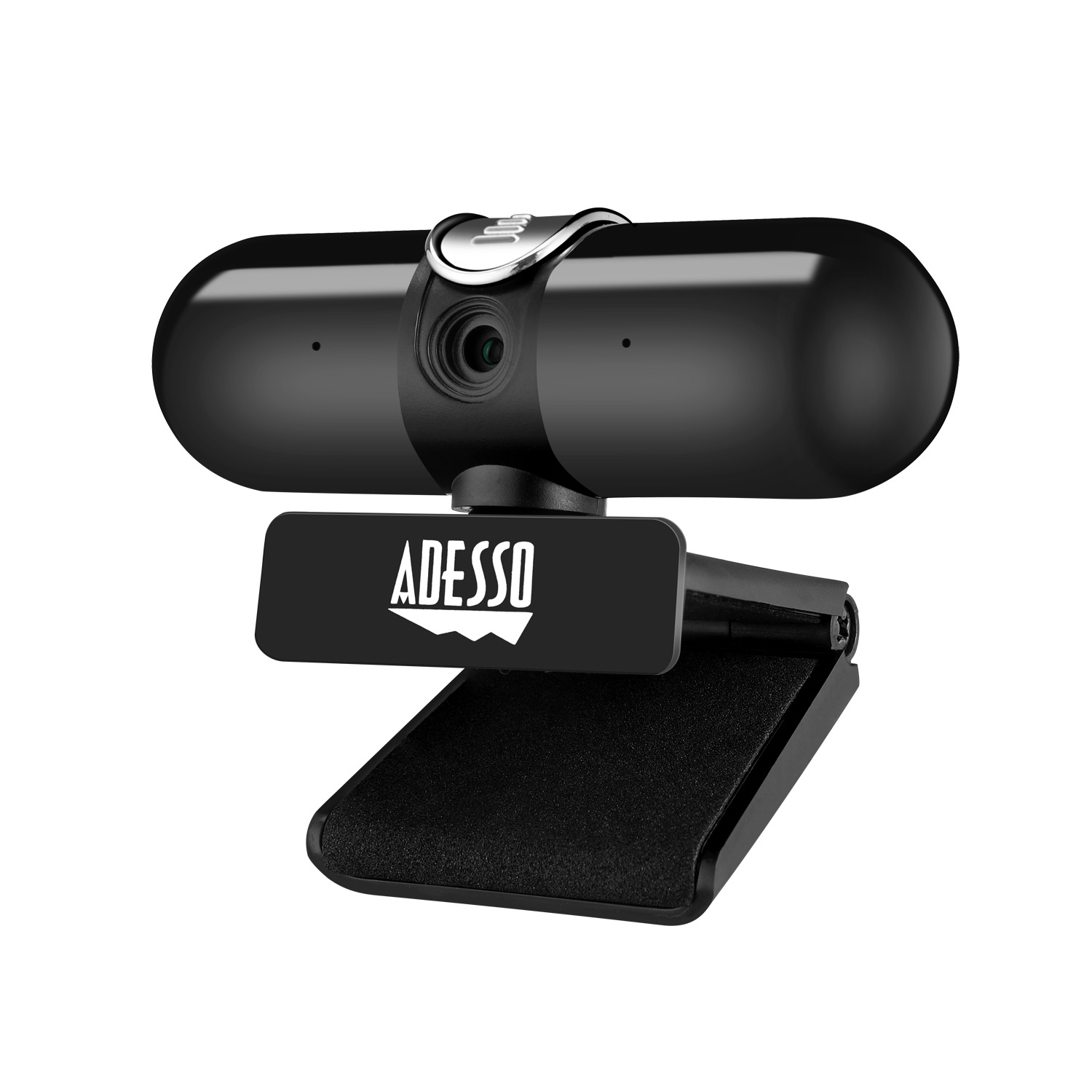 Una webcam nera con una clip nera e la scritta ADESSO sul davanti.