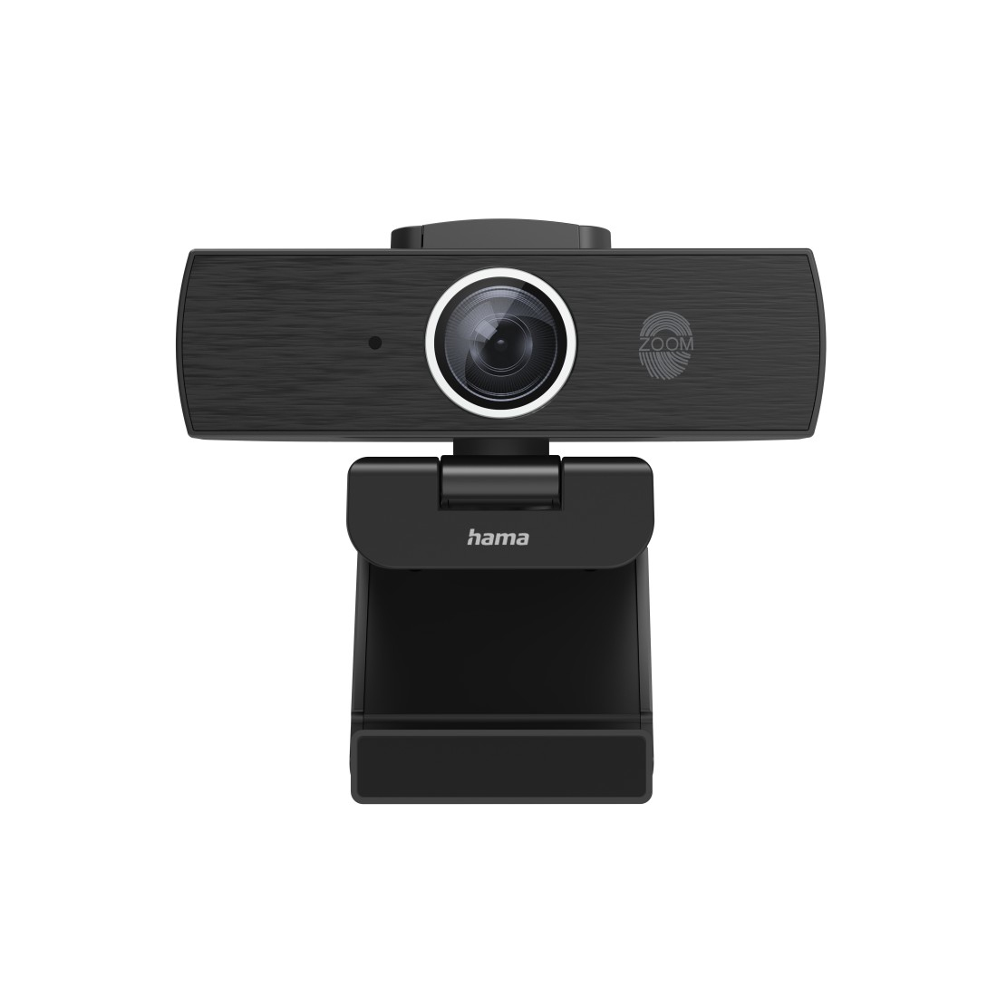 Webcam nera con lente, montata su un supporto nero, isolata su bianco.