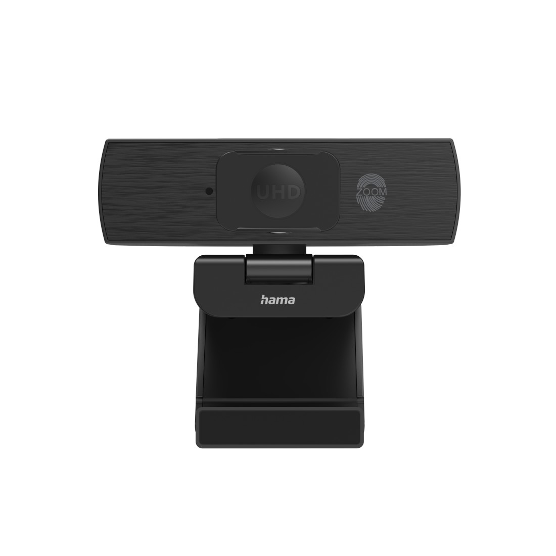 Webcam Hama UHD nera con supporto nero. Logo Zoom e logo UHD sulla parte anteriore.