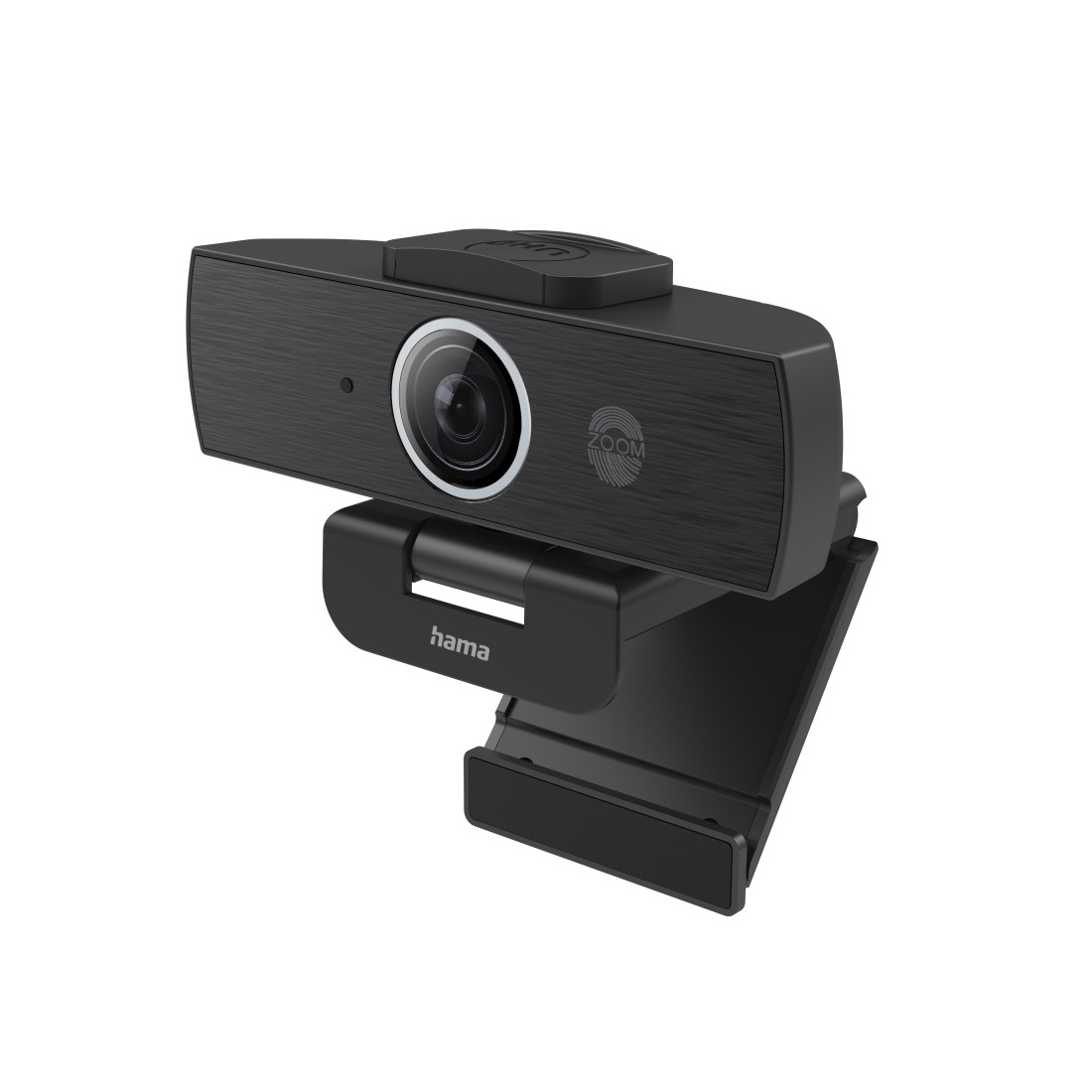 Una webcam nera con una lente e la parola "Zoom" sopra.