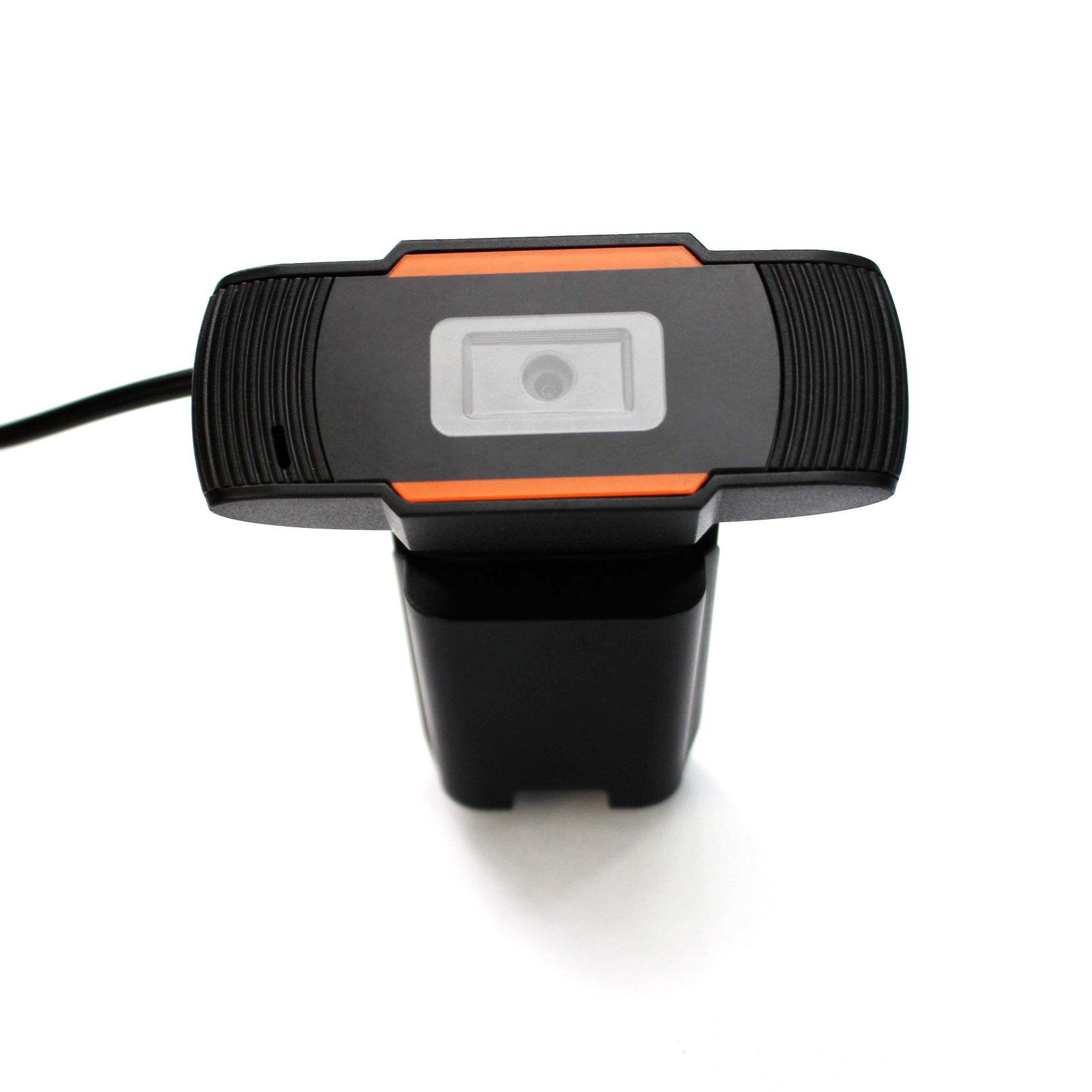 Webcam con dettagli neri e arancioni, su sfondo bianco.