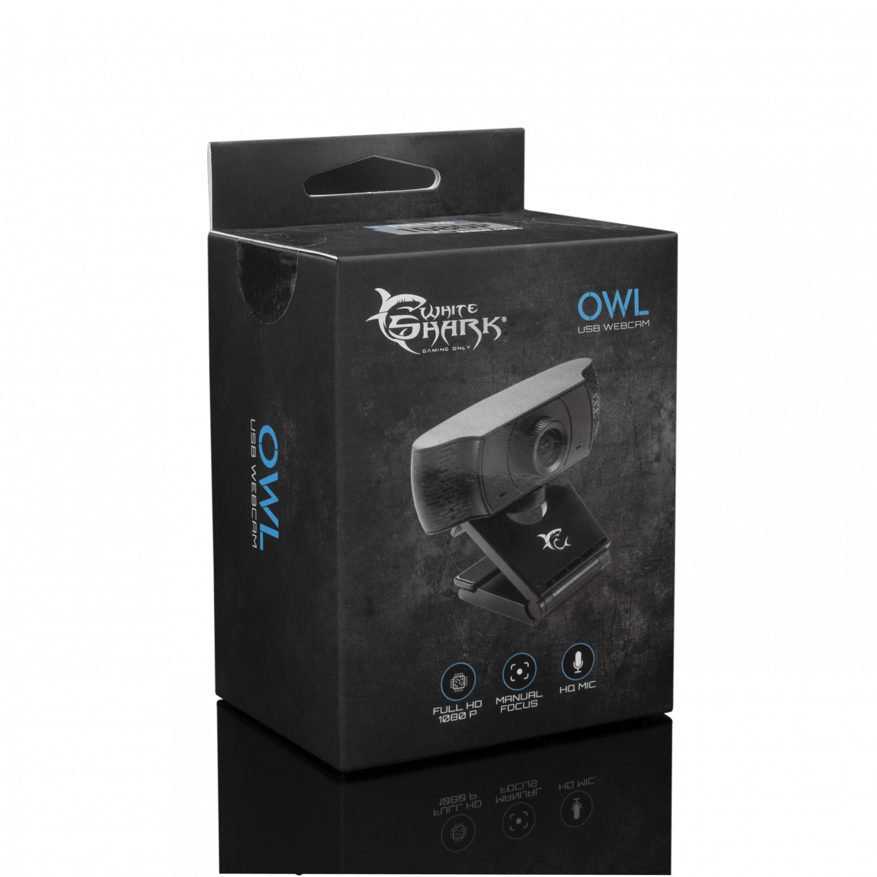 Cámara web USB White Shark OWL en una caja negra, con la cámara web y las funciones visibles.