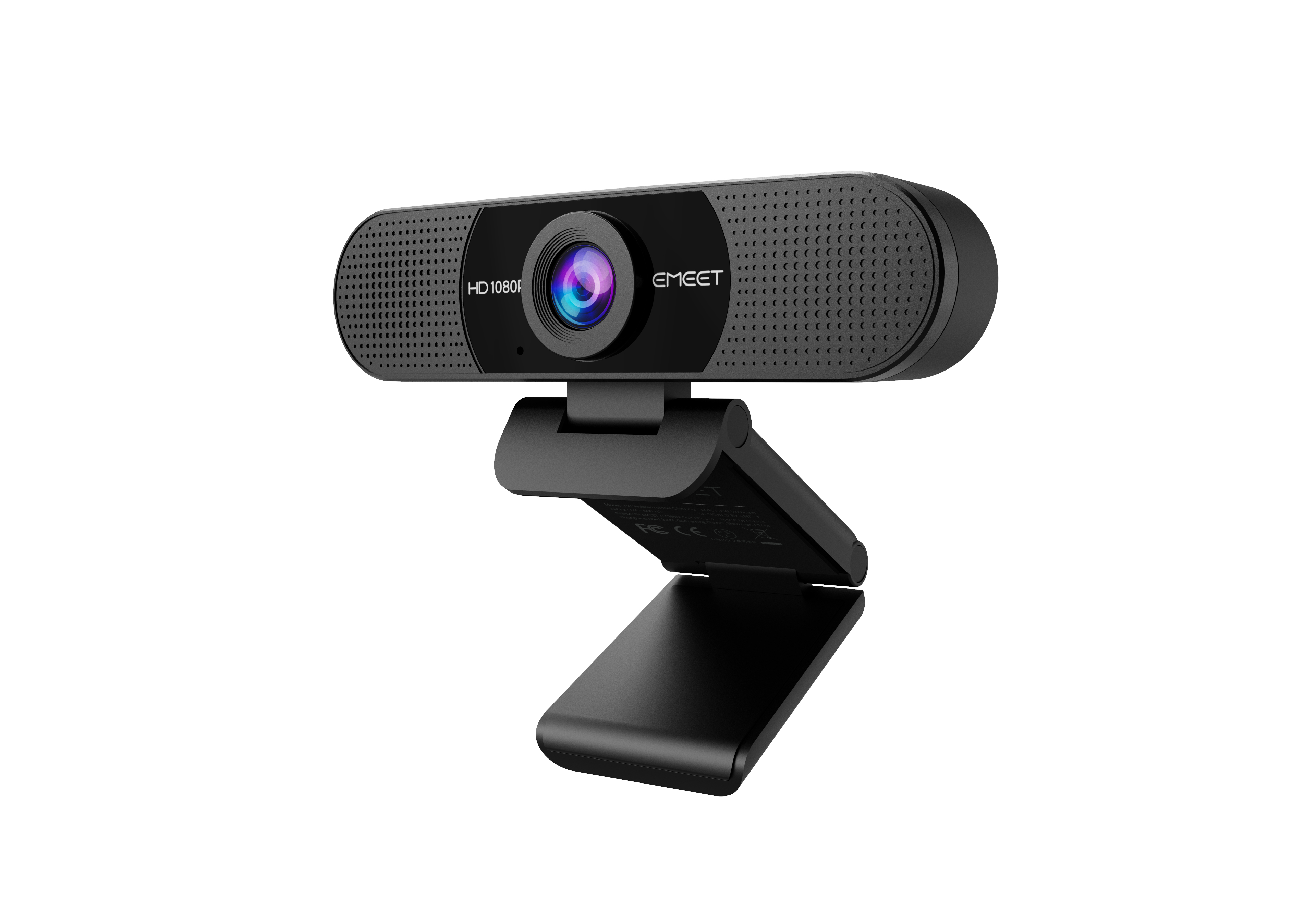 Eine schwarze EMEET Webcam mit Ständer. Sie hat ein Objektiv und die Aufschrift 'HD 1080P'.