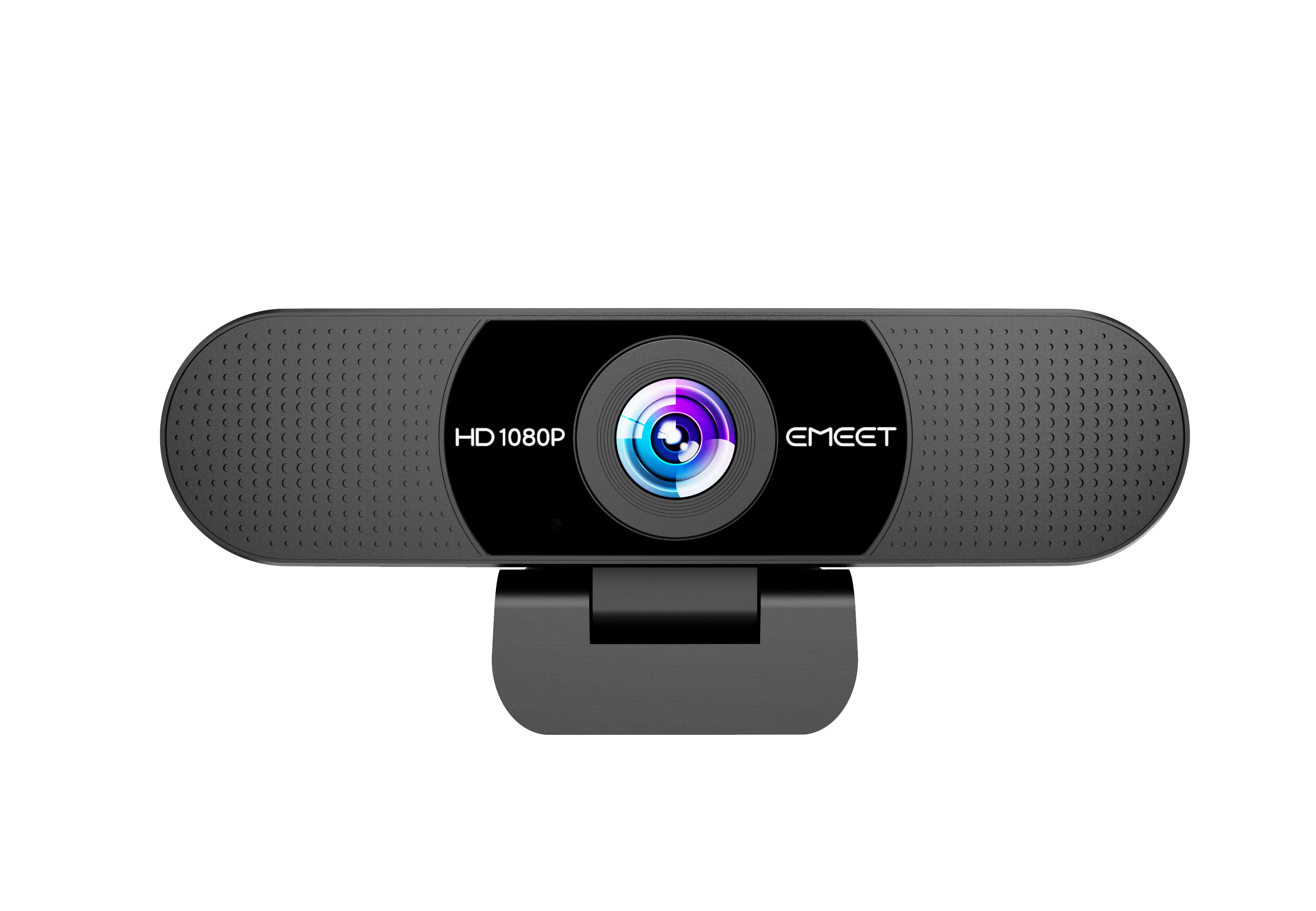 Schwarze EMEET-Webcam. Verfügt über HD 1080P, eine zentrierte Linse und einen schwarzen Ständer.