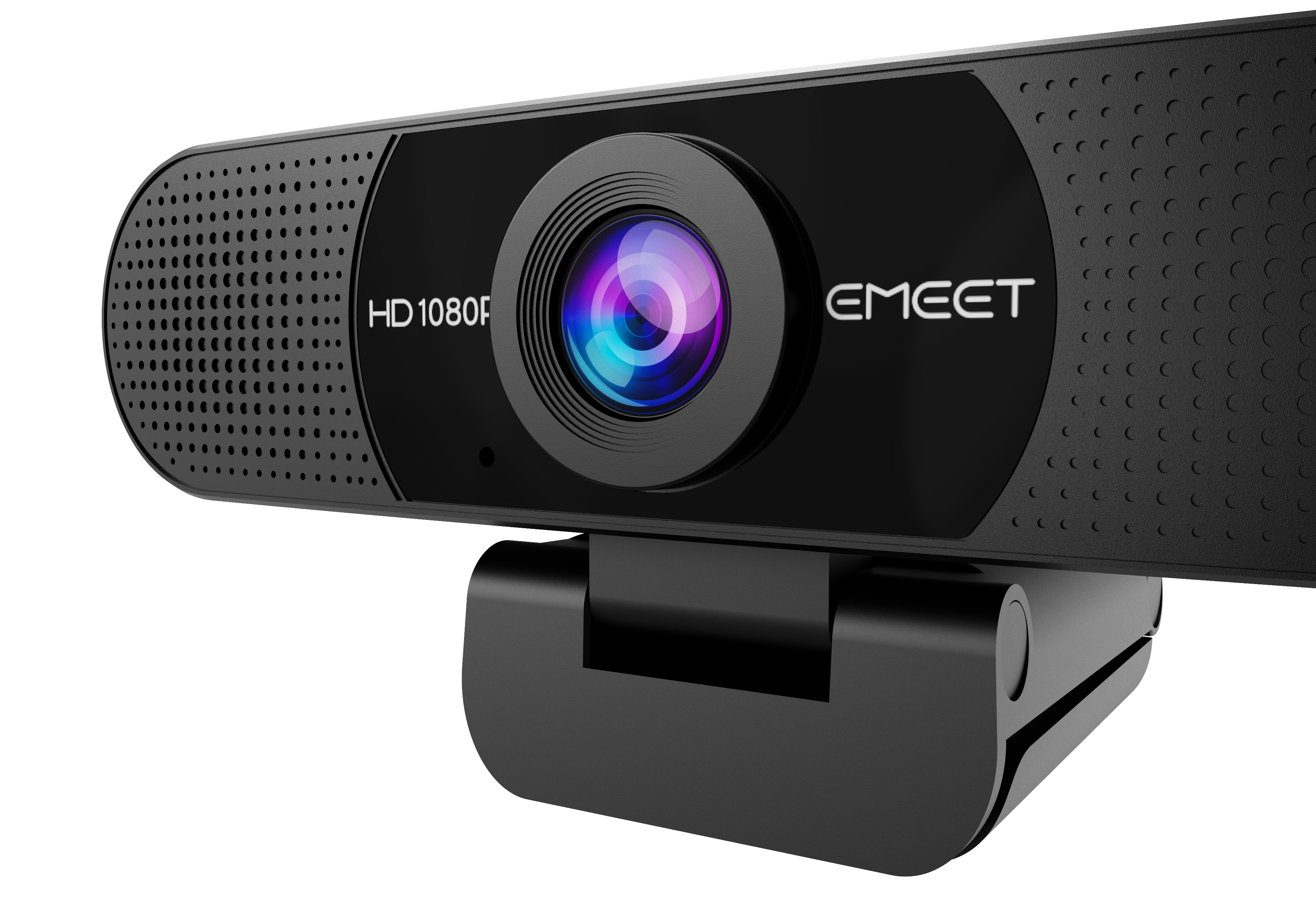 Schwarze EMEET Webcam. Sie hat eine Linse und ein eingebautes Mikrofon. Die Webcam steht auf einem schwarzen Ständer.