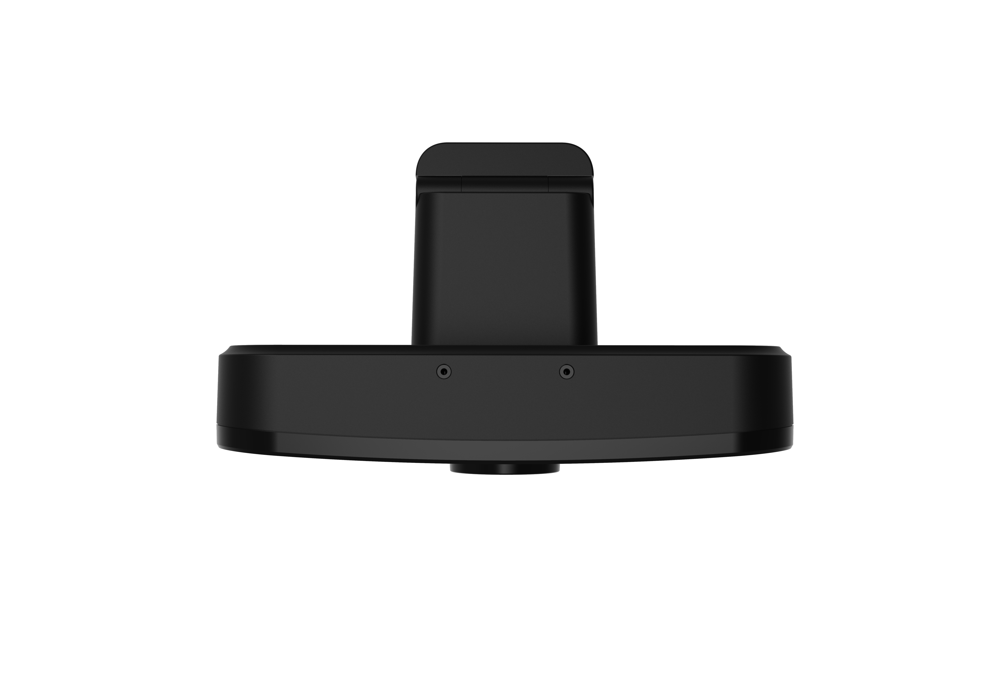 Schwarze Webcam mit zwei Linsen und einem Sockel. Der Sockel hat eine kreisförmige Form. Die Webcam ist schwarz.