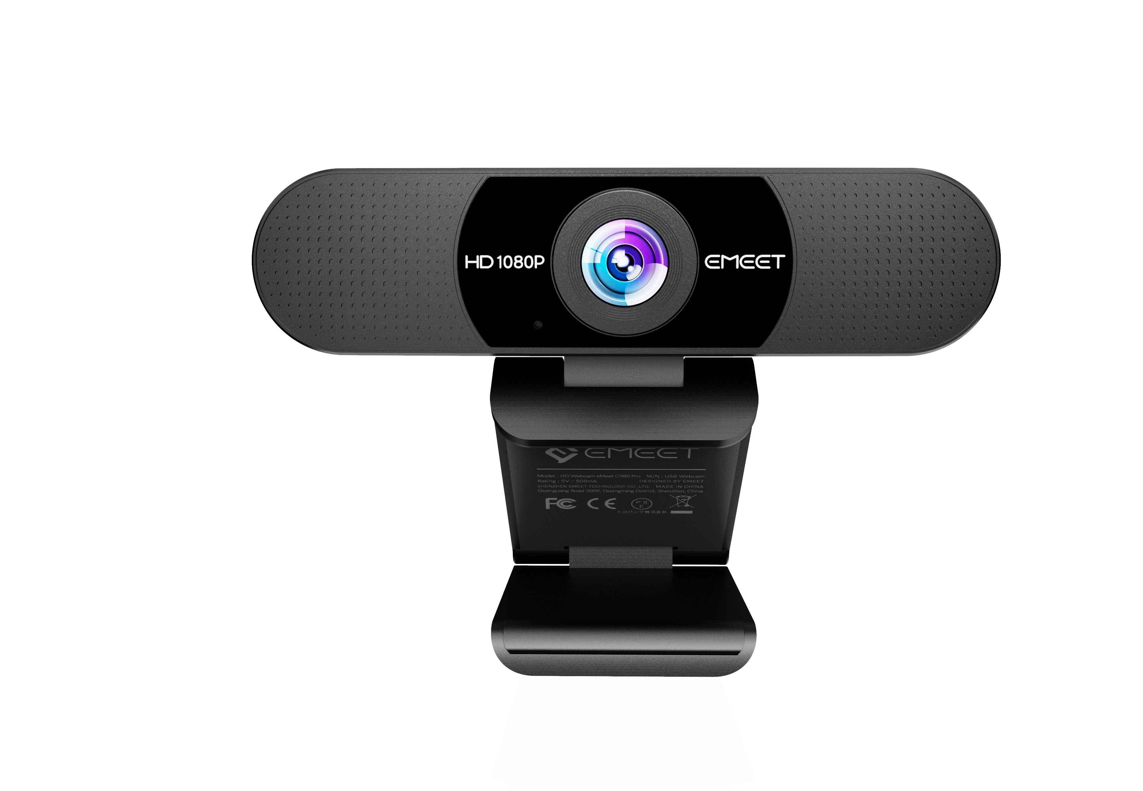 Schwarze EMEET Webcam mit HD 1080P. Silberner Ring um die Linse. Schwarze Basis.