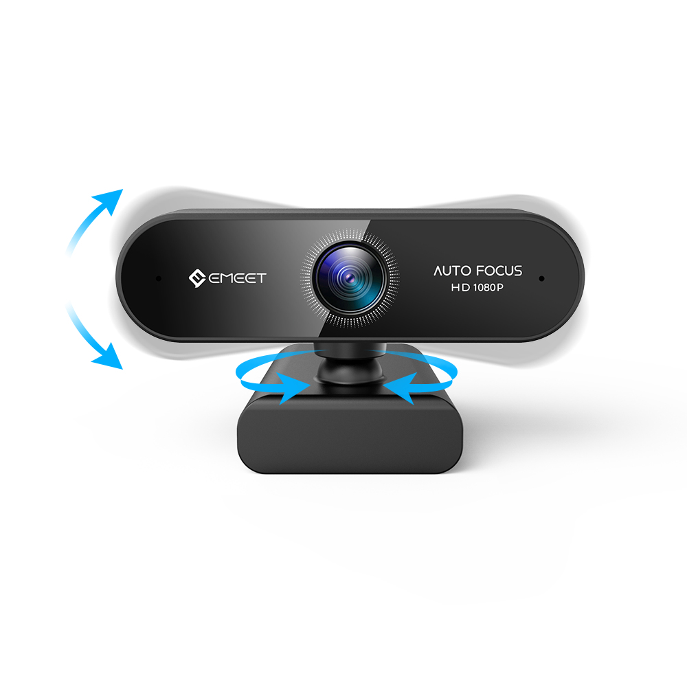 Schwarze Webcam auf weißem Hintergrund, mit blauen Pfeilen, die Bewegung anzeigen.