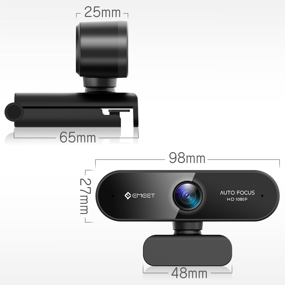 Schwarze Webcam mit angegebenen Abmessungen. Sie verfügt über Autofokus und HD 1080P. Maße in mm.