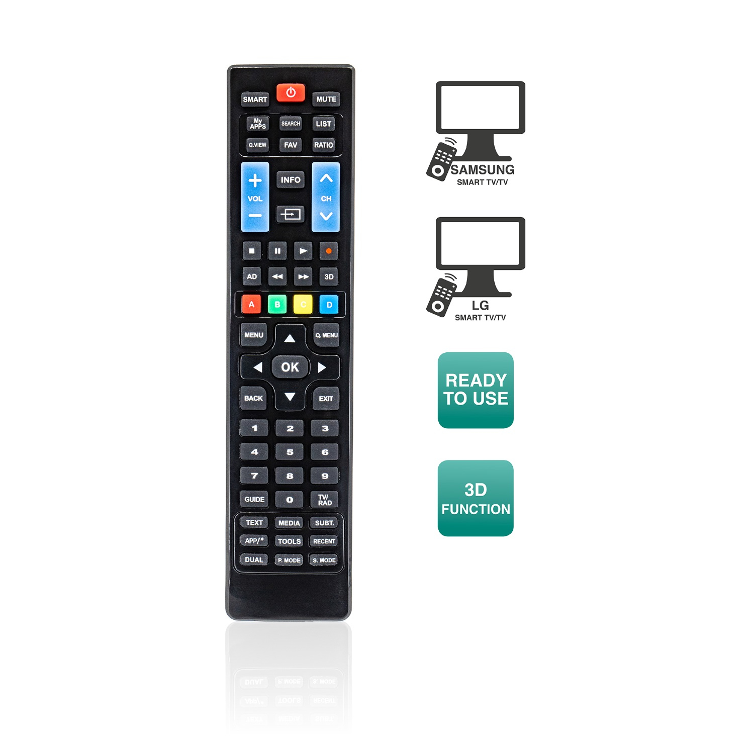 Telecomando nero con vari pulsanti. Sono visibili anche i loghi TV Samsung e LG.
