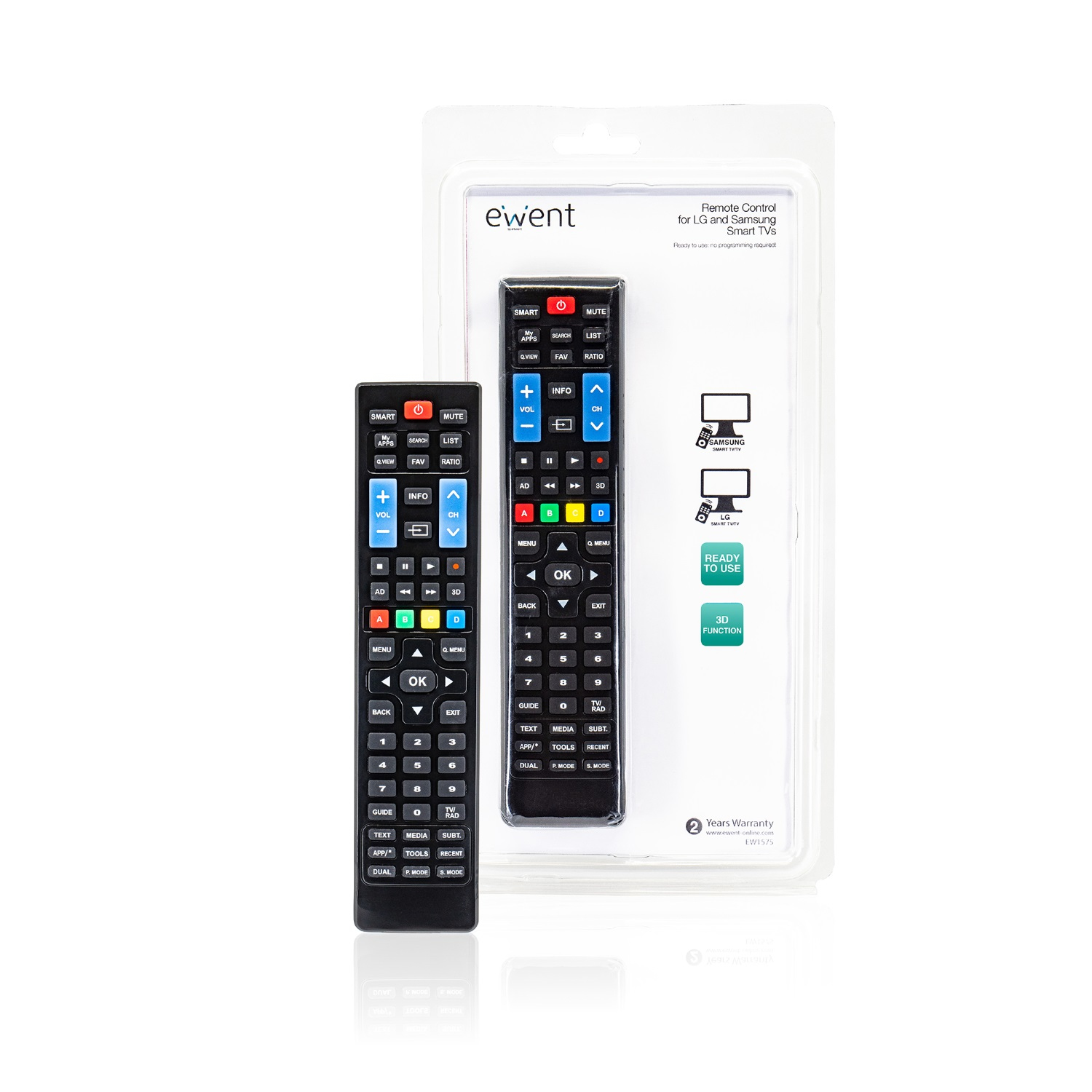 Un telecomando nero in una confezione di plastica con il logo ewent su uno sfondo bianco.