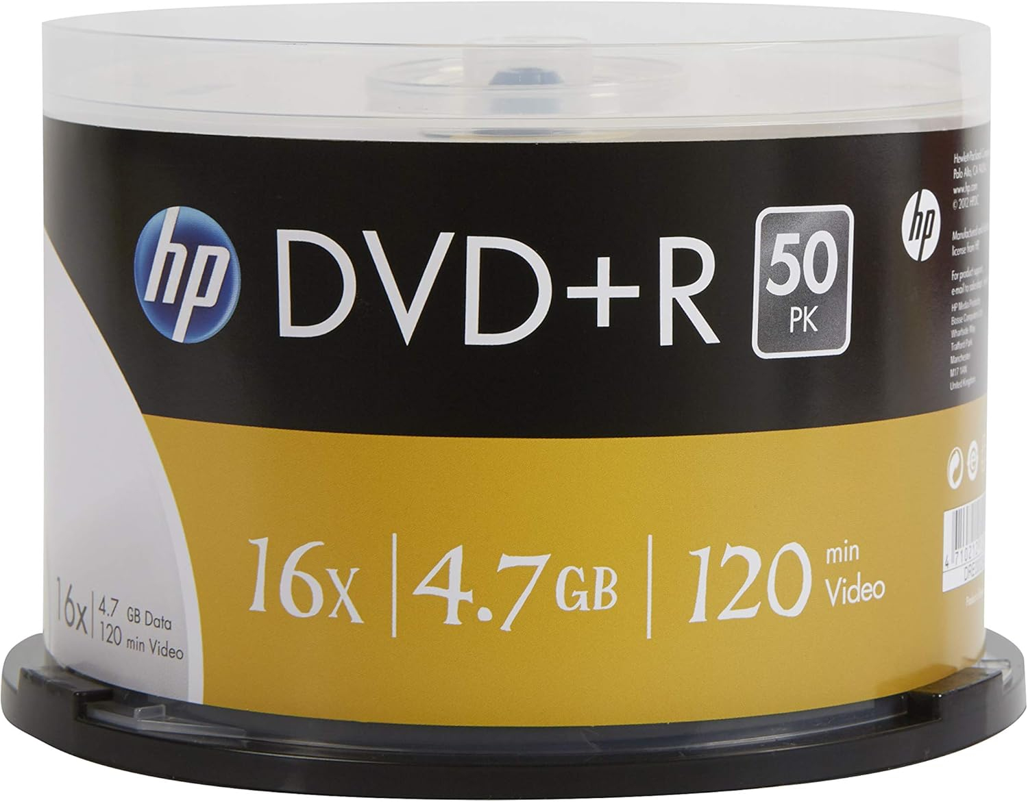 Una pila di dischi DVD+R in un contenitore trasparente con un'etichetta gialla e nera.