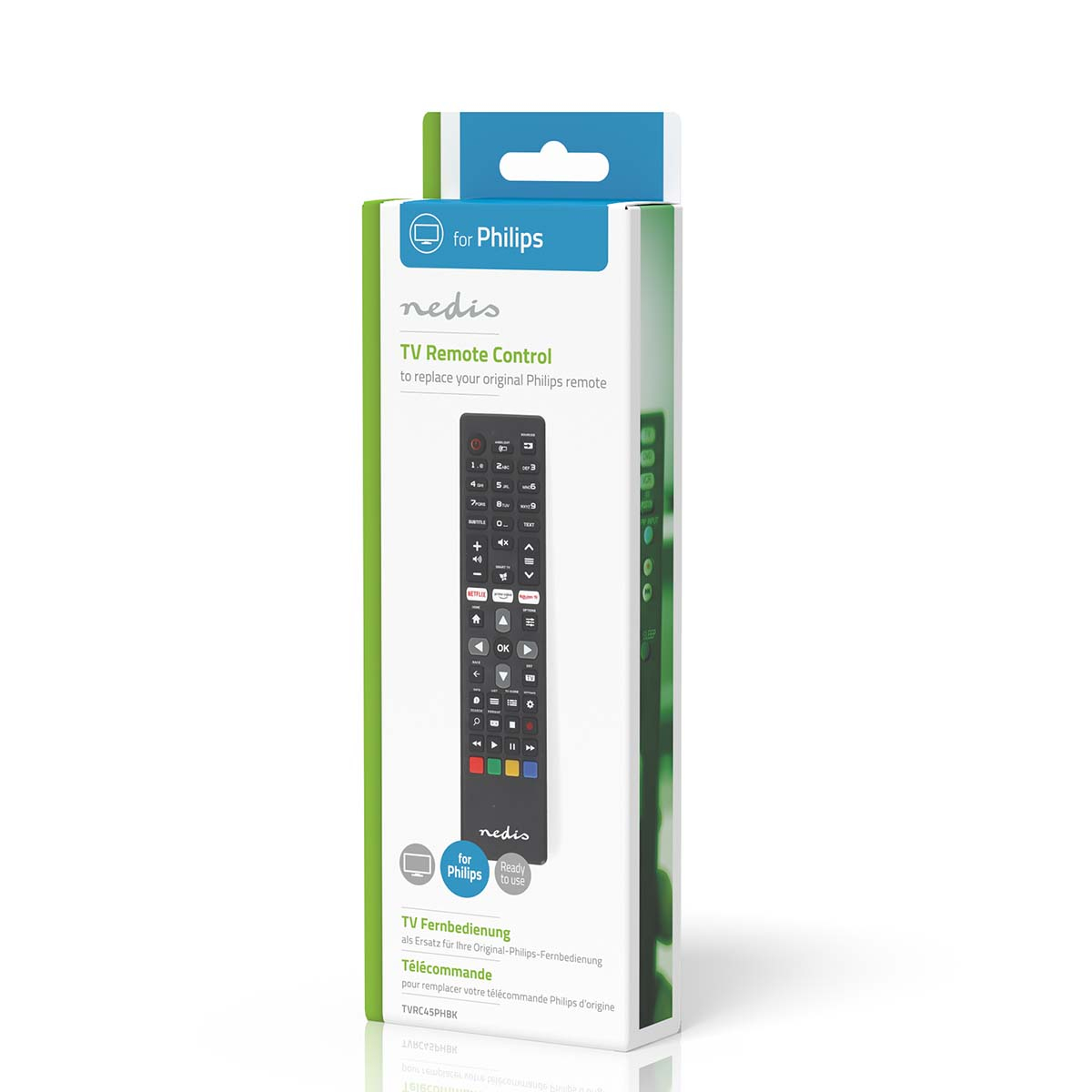 Pilot do telewizora w pudełku, z etykietą 'nedis' i 'for Philips'.