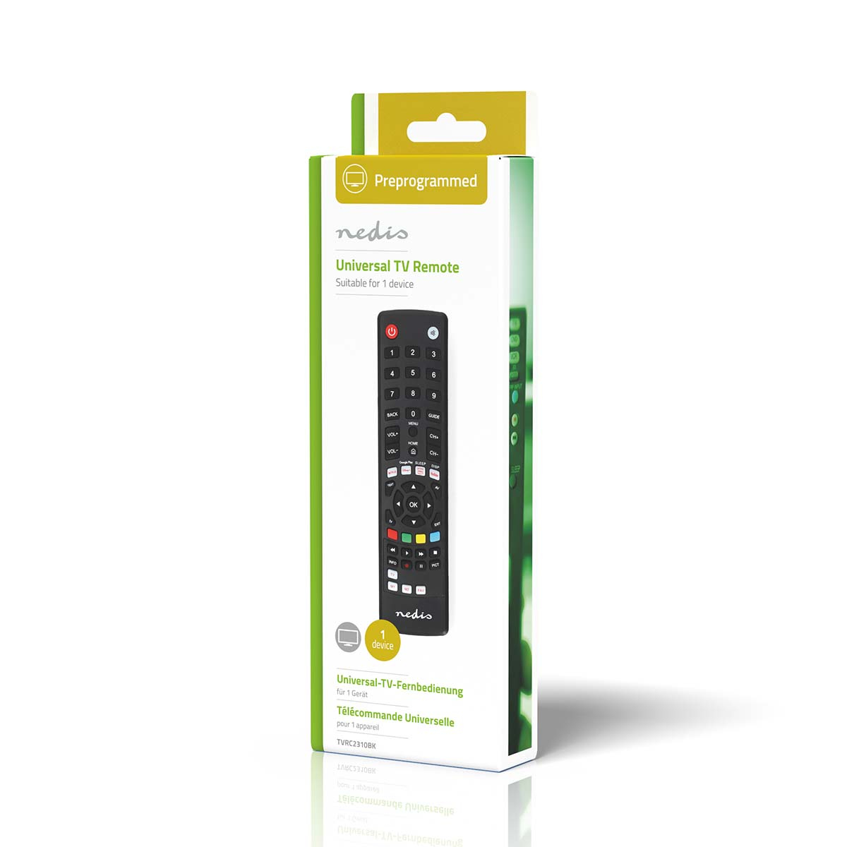 Scatola di un telecomando TV universale con pulsanti, su una superficie bianca.