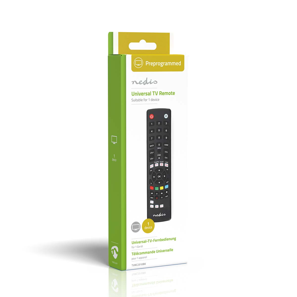 Una piccola scatola con un telecomando TV universale all'interno. La scatola è verde e bianca.