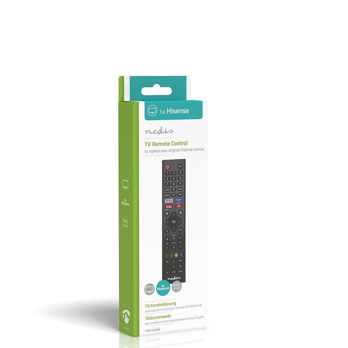 Zielono-białe pudełko z pilotem do telewizora Hisense w środku.