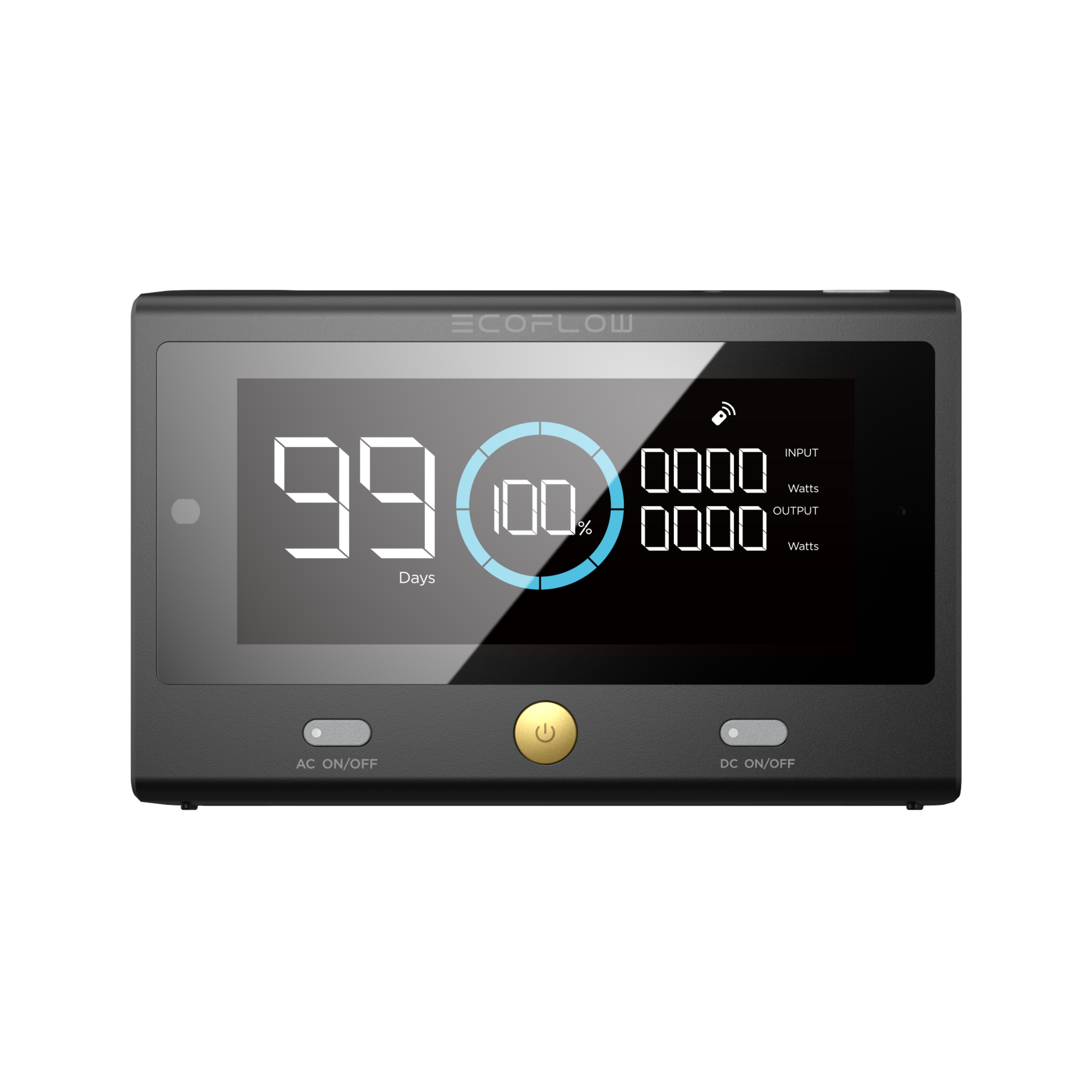 Dispositivo rectangular negro con pantalla que muestra números y un círculo de carga. Tiene botones de AC/DC y un botón de encendido.