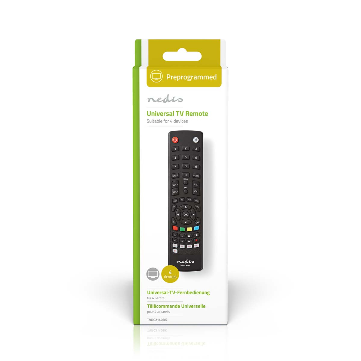 Een universele tv-afstandsbediening in de verpakking. Het heeft een zwarte behuizing en veel knoppen.