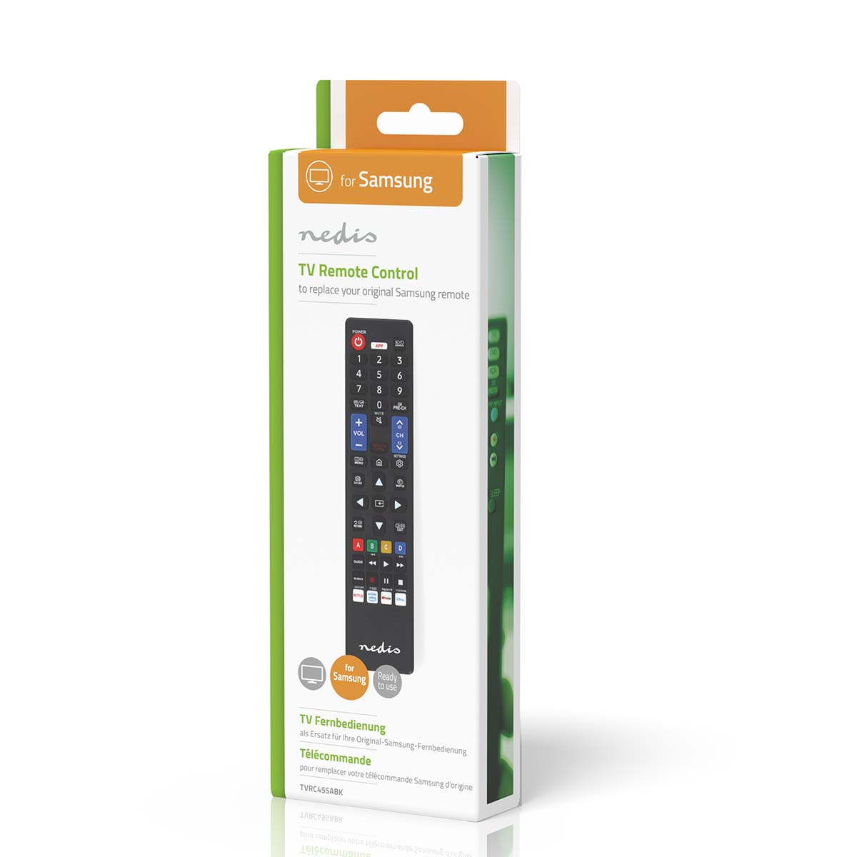 Pudełko pilota do telewizora Samsung, czarny pilot z białymi i kolorowymi przyciskami, na białym tle.