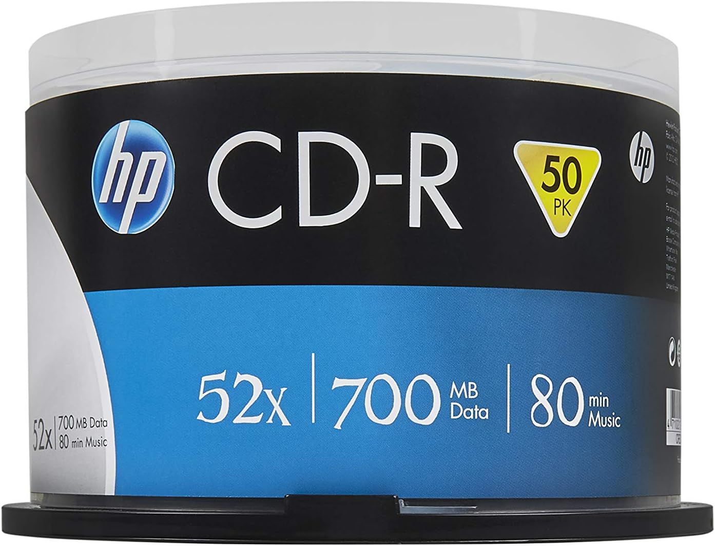 Ein zylindrischer CD-R-Behälter mit dem Text "hp CD-R" und anderen Informationen.