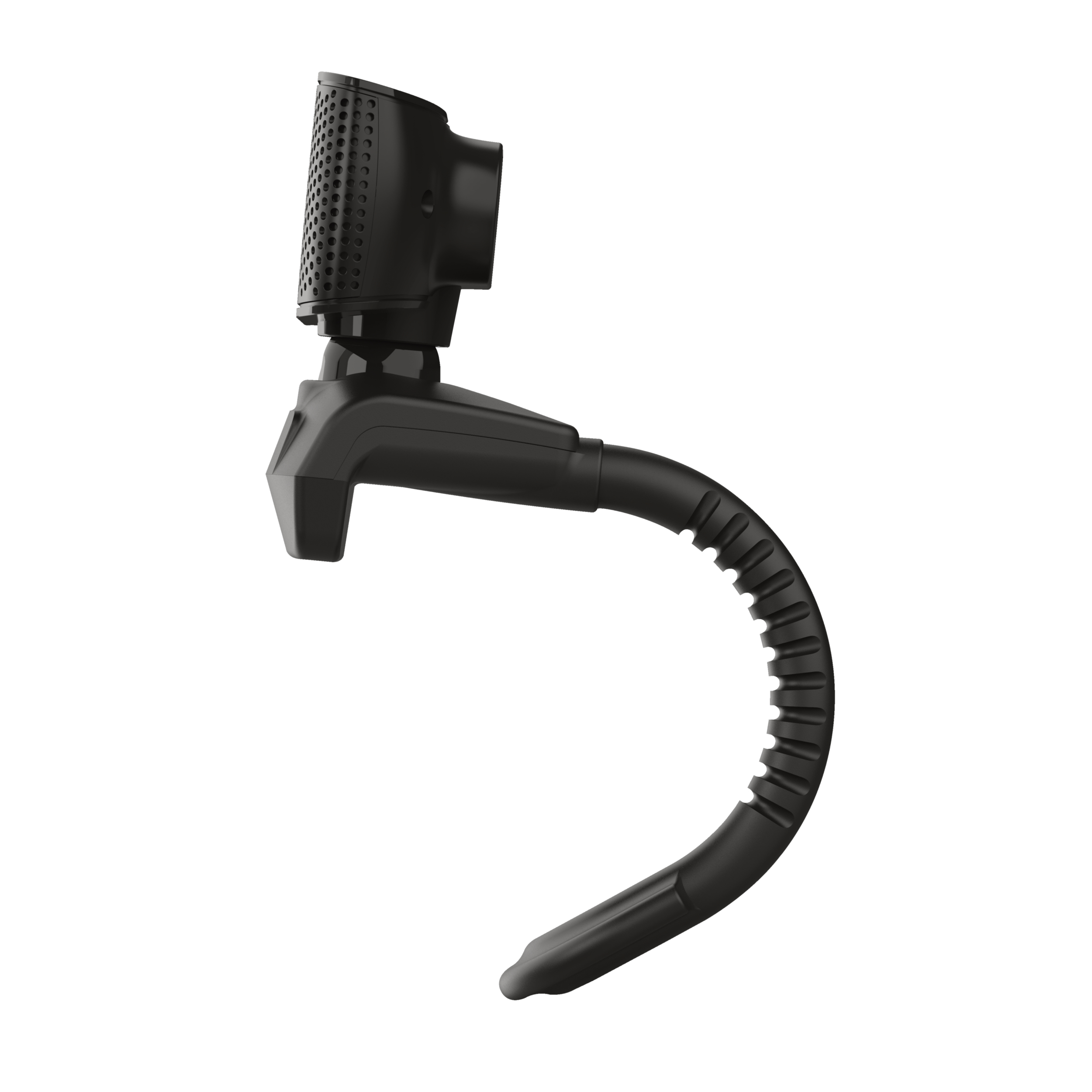 Eine schwarze Webcam mit einem gebogenen, flexiblen Arm.