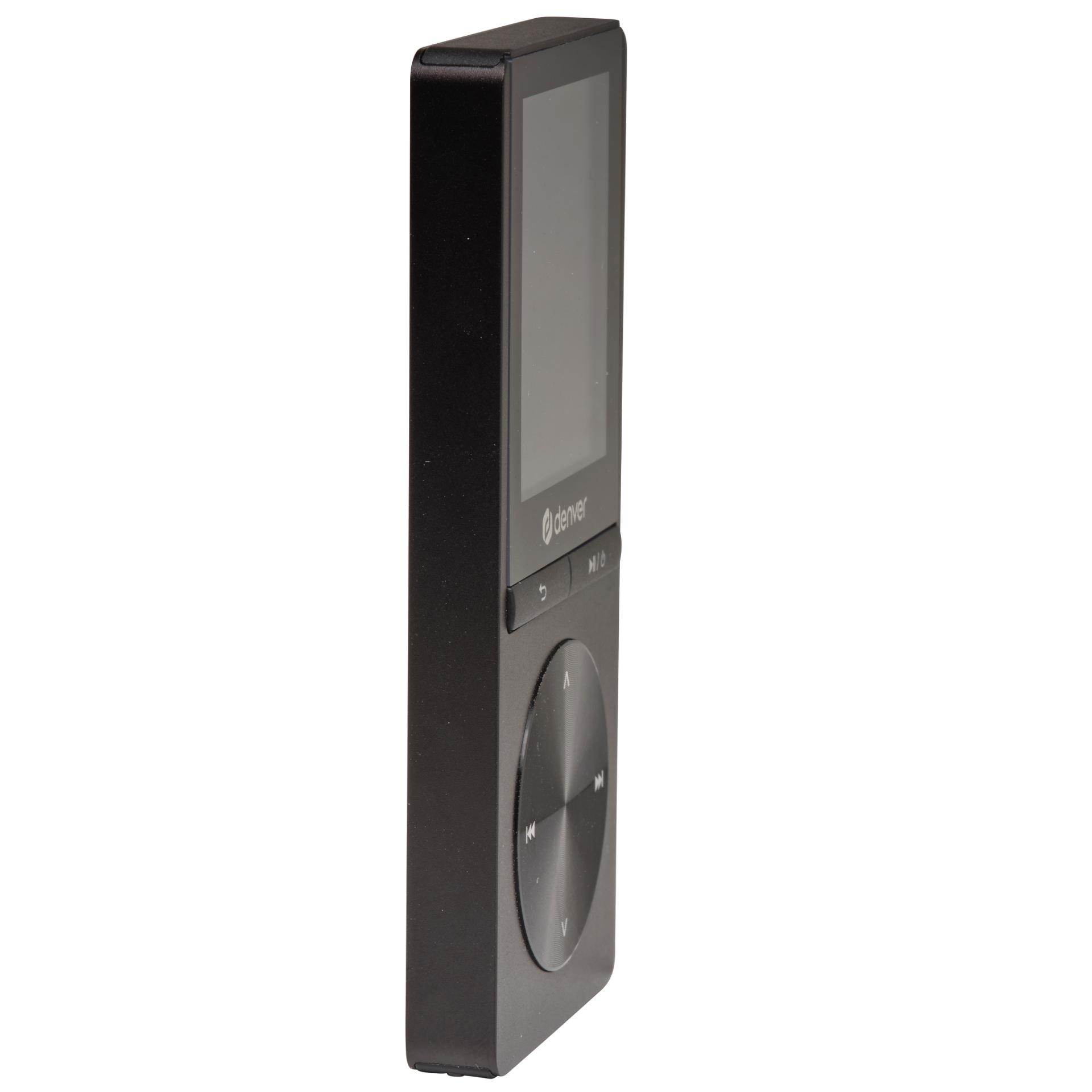 A black Denver MP3 player. It has a screen, a circular control pad, and side buttons. The back is plain.
