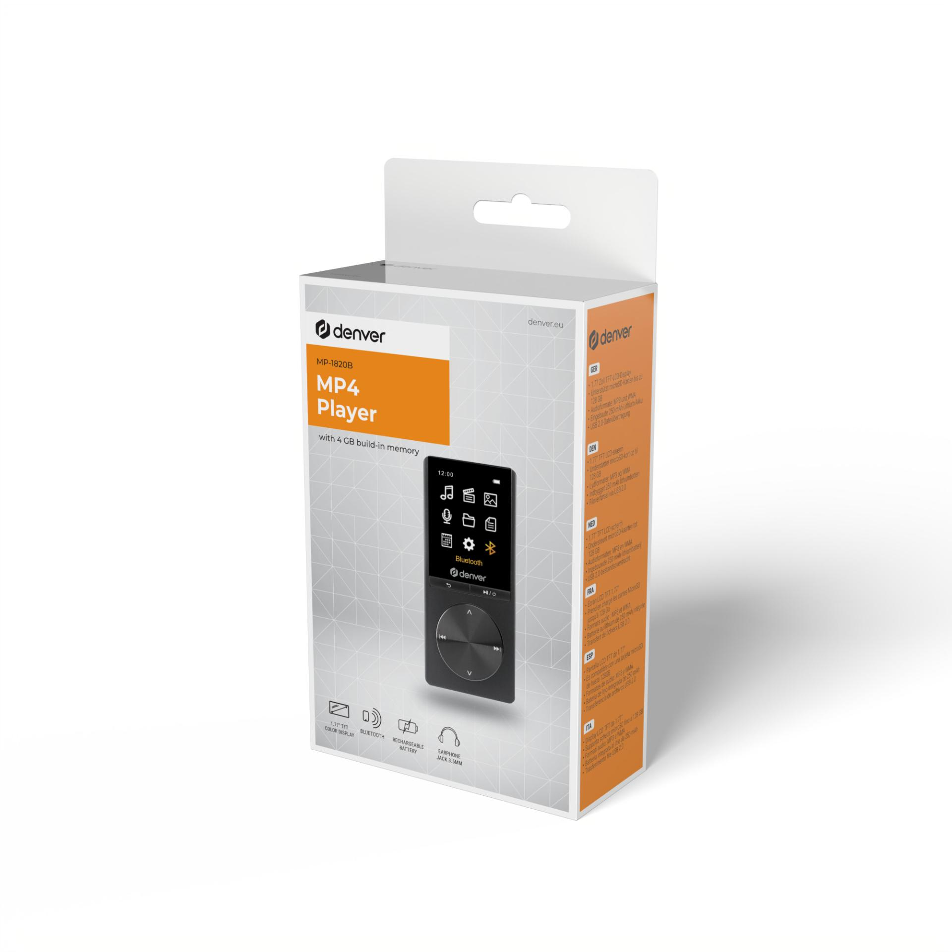MP4 player in a box. The box shows the player's features, including a screen and buttons.