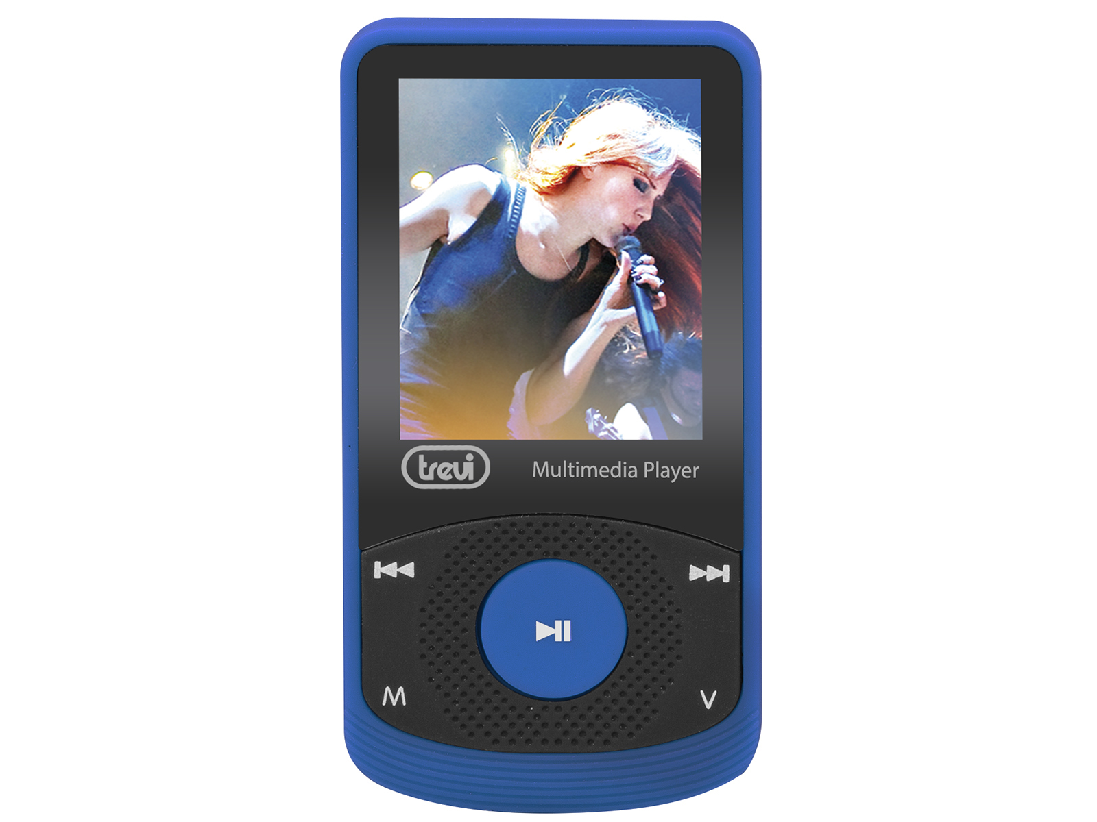 Reproductor multimedia Trevi azul que muestra a una mujer cantando. Fondo blanco.