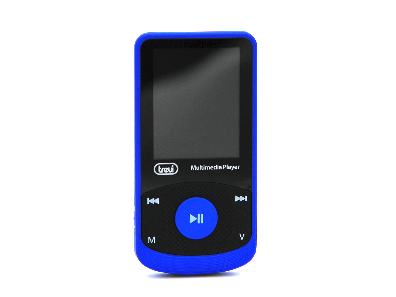 Reproductor MP3 azul y negro. Pantalla, botón de reproducción/pausa y controles de volumen.