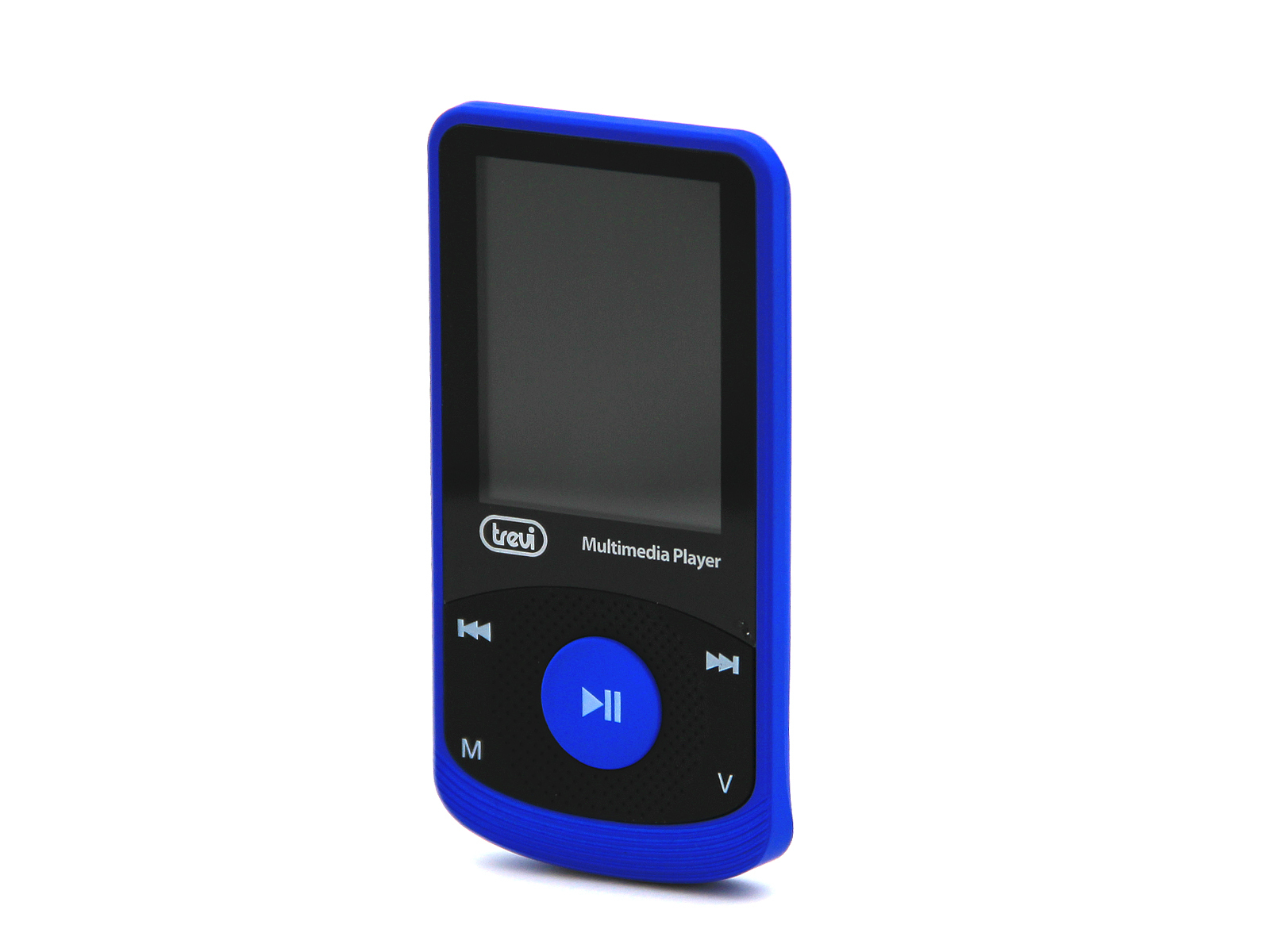 Reproductor multimedia Trevi azul y negro. Tiene una pantalla y botones de control. Está sobre fondo blanco.