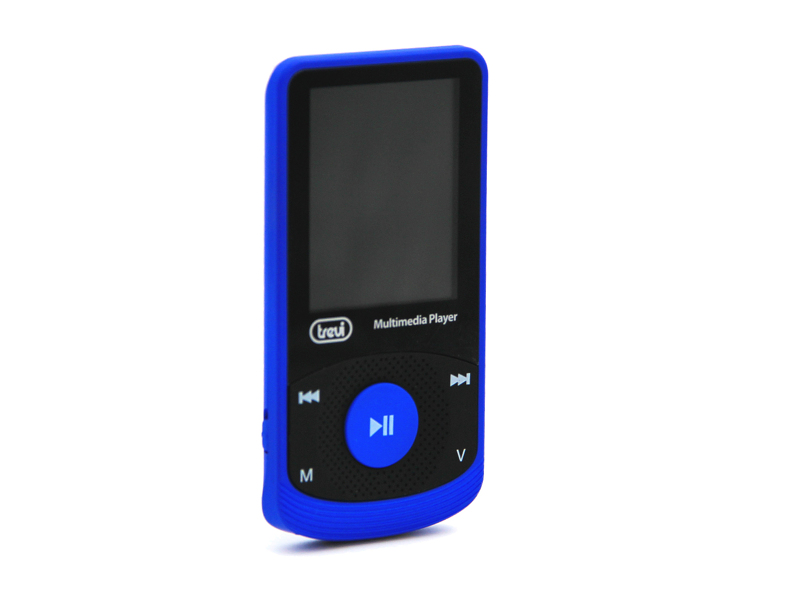 Reproductor MP3 Trevi azul, pantalla y controles negros, aislado en blanco.
