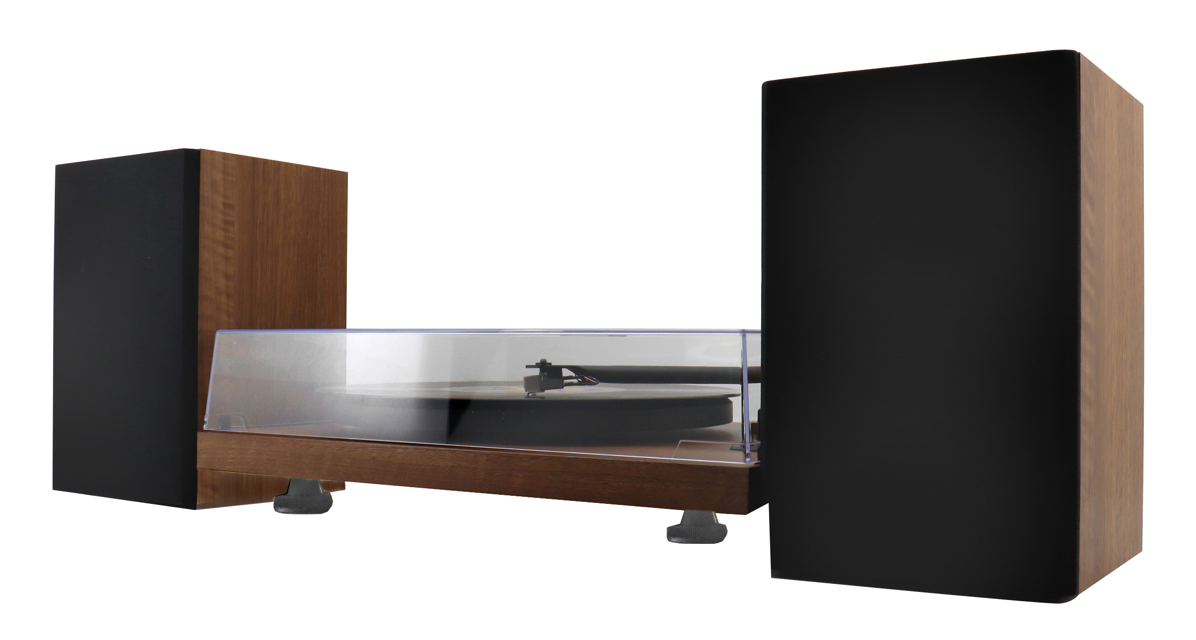 Giradischi con altoparlanti, finitura in legno, coperchio trasparente, sfondo bianco.